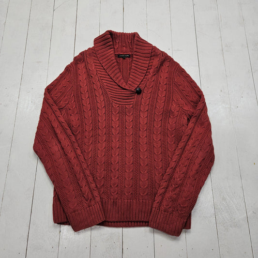 1980s/1990s Jeanne Pierre Red Cable Knit Shawl Collar Cotton Knit Sweater Size M/L