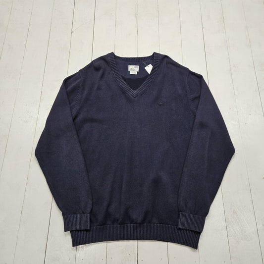 2000s Y2K Lacoste Vintage Washed Blue V-Neck Cotton Knit Sweater Size L