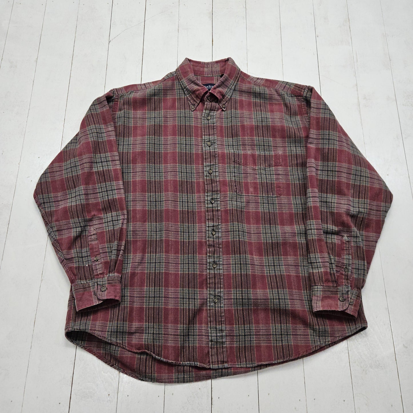 2000s Van Huesen Red/Grey Plaid Flannel Button Down Shirt Size XXL