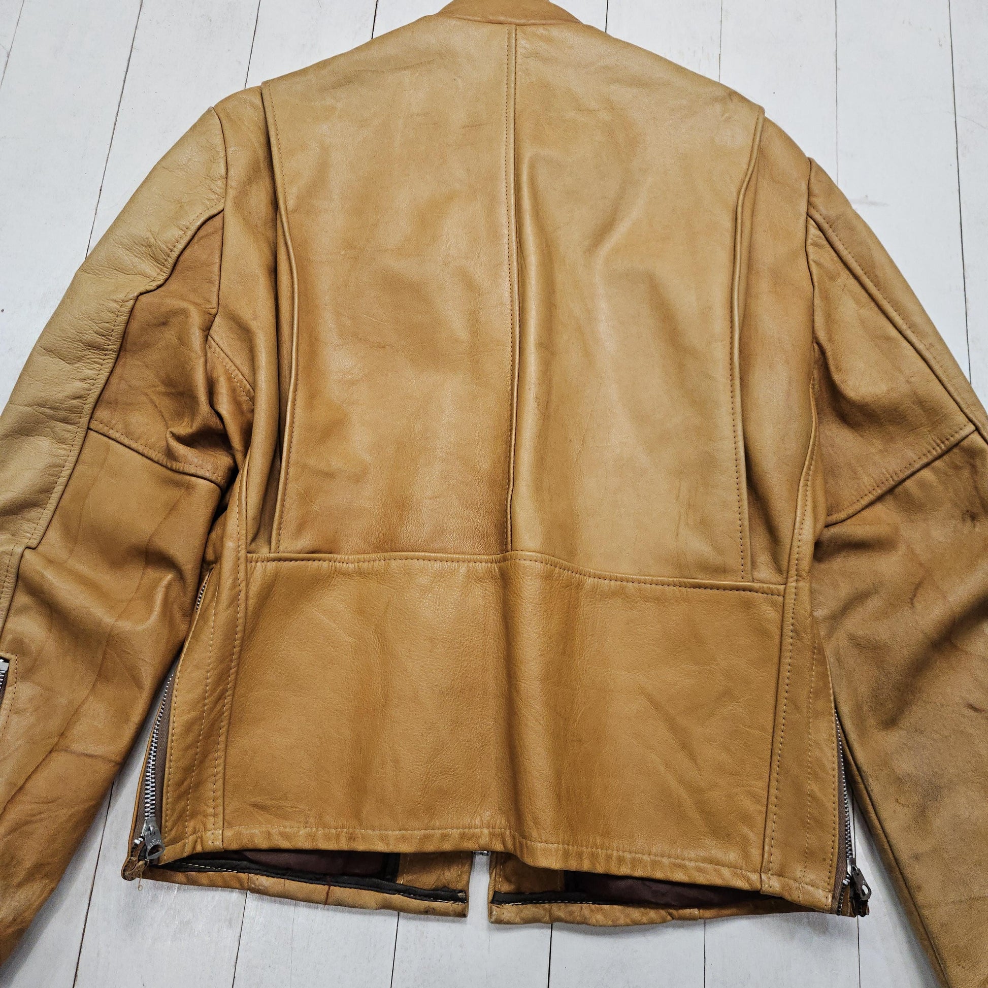 1970s Unbranded Tan Leather Cafe Racer Motorcycle Biker Jacket Size M