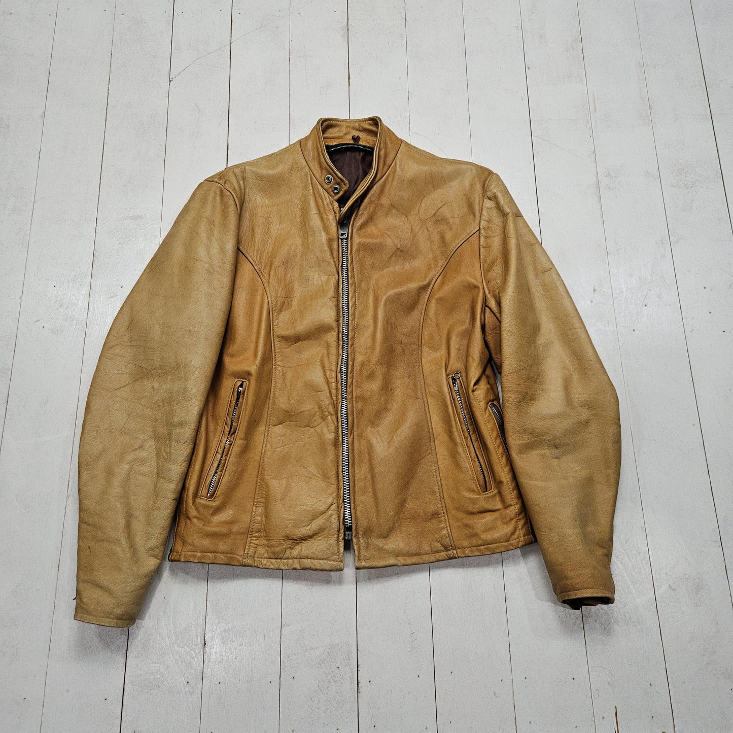 1970s Unbranded Tan Leather Cafe Racer Motorcycle Biker Jacket Size M