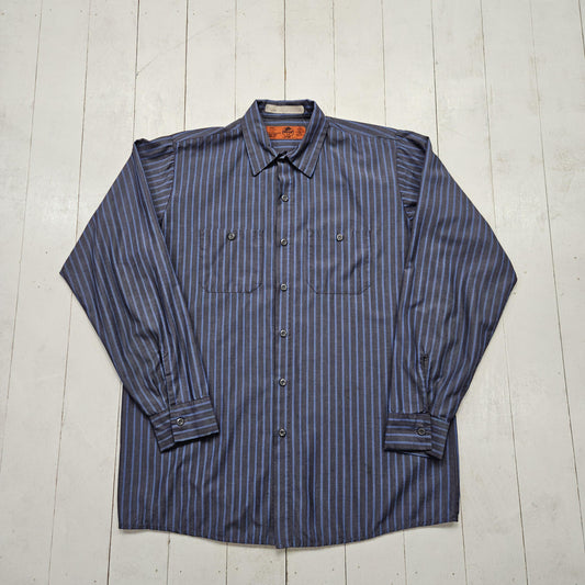 2000s Y2K Red Kap Grey Blue Striped Button Up Work Shirt Size L/XL