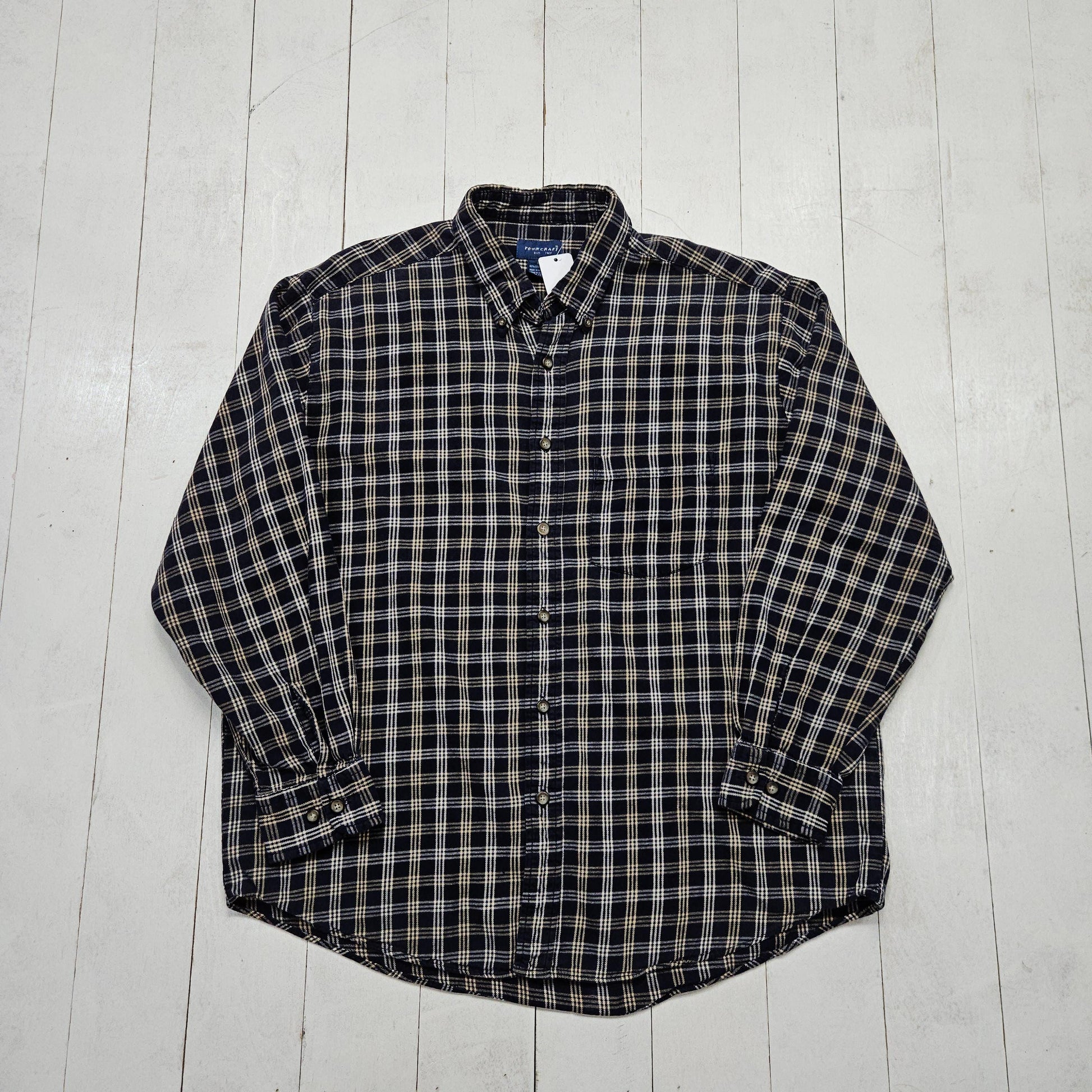 1990s/2000s Y2K Towncraft Blue White Windowpane Plaid Flannel Shirt Size L