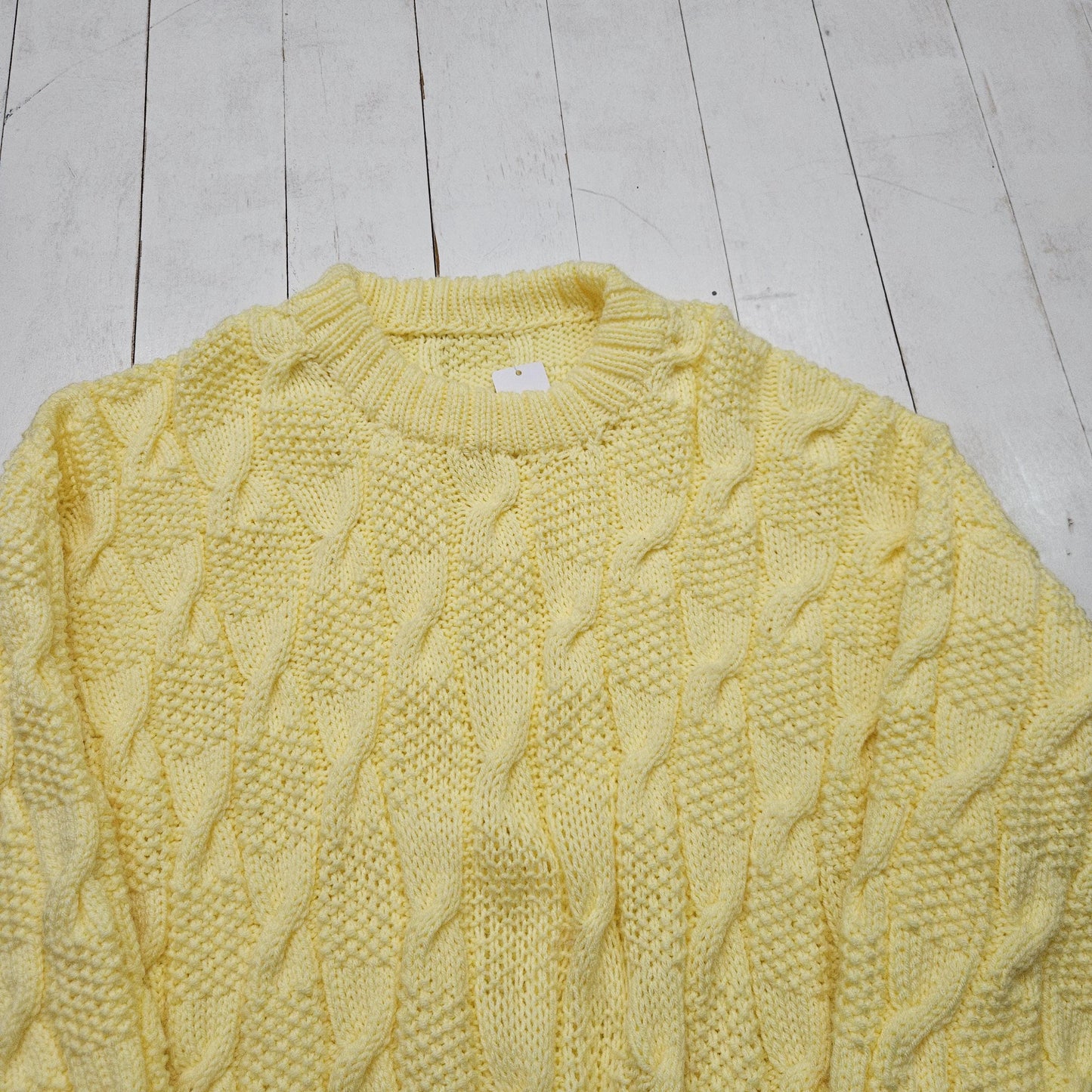 Handknit Pastel Yellow Cable Knit Sweater Size L