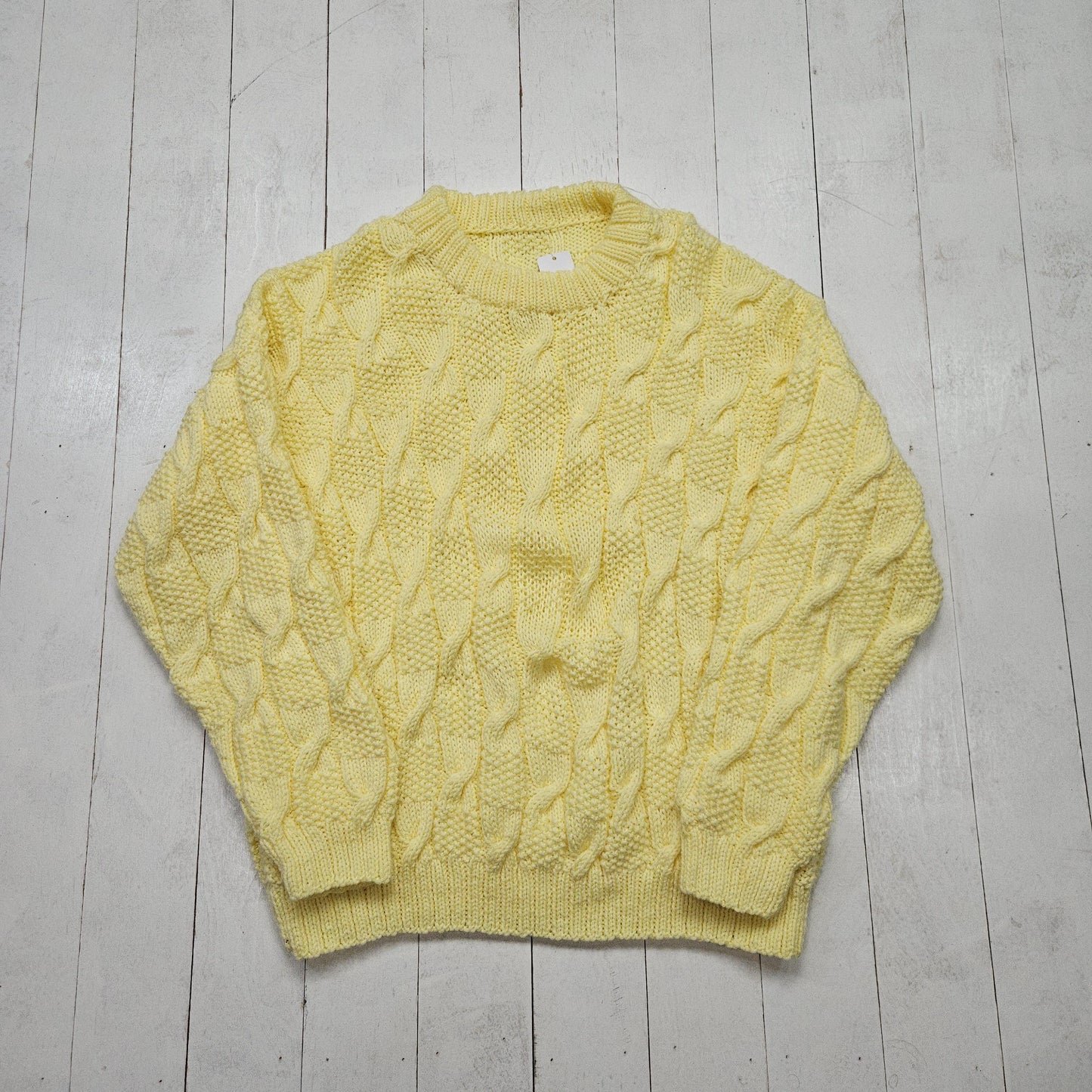 Handknit Pastel Yellow Cable Knit Sweater Size L