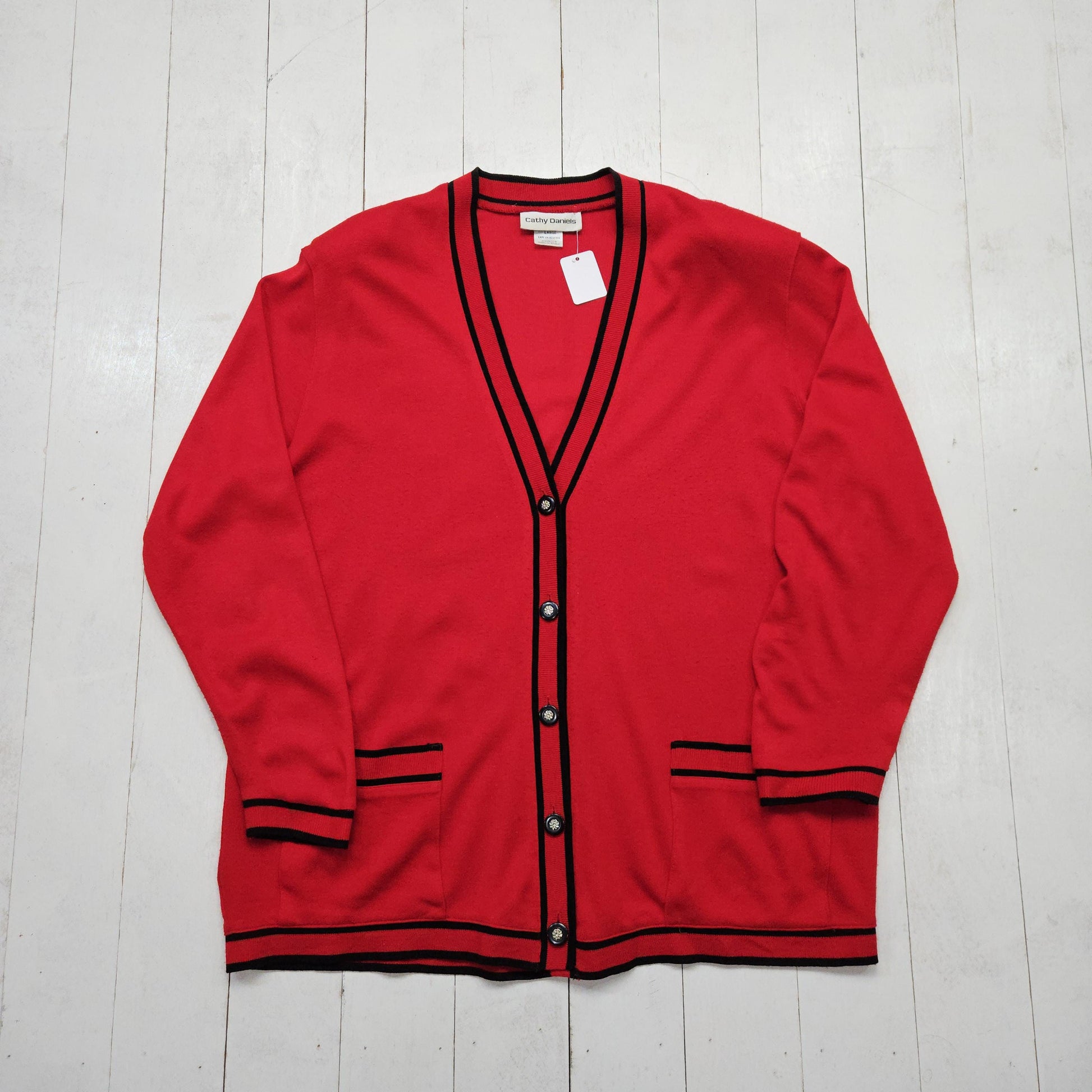 1990s Cathy Daniels Red Acrylic Knit Cardigan Sweater Womens Size XL