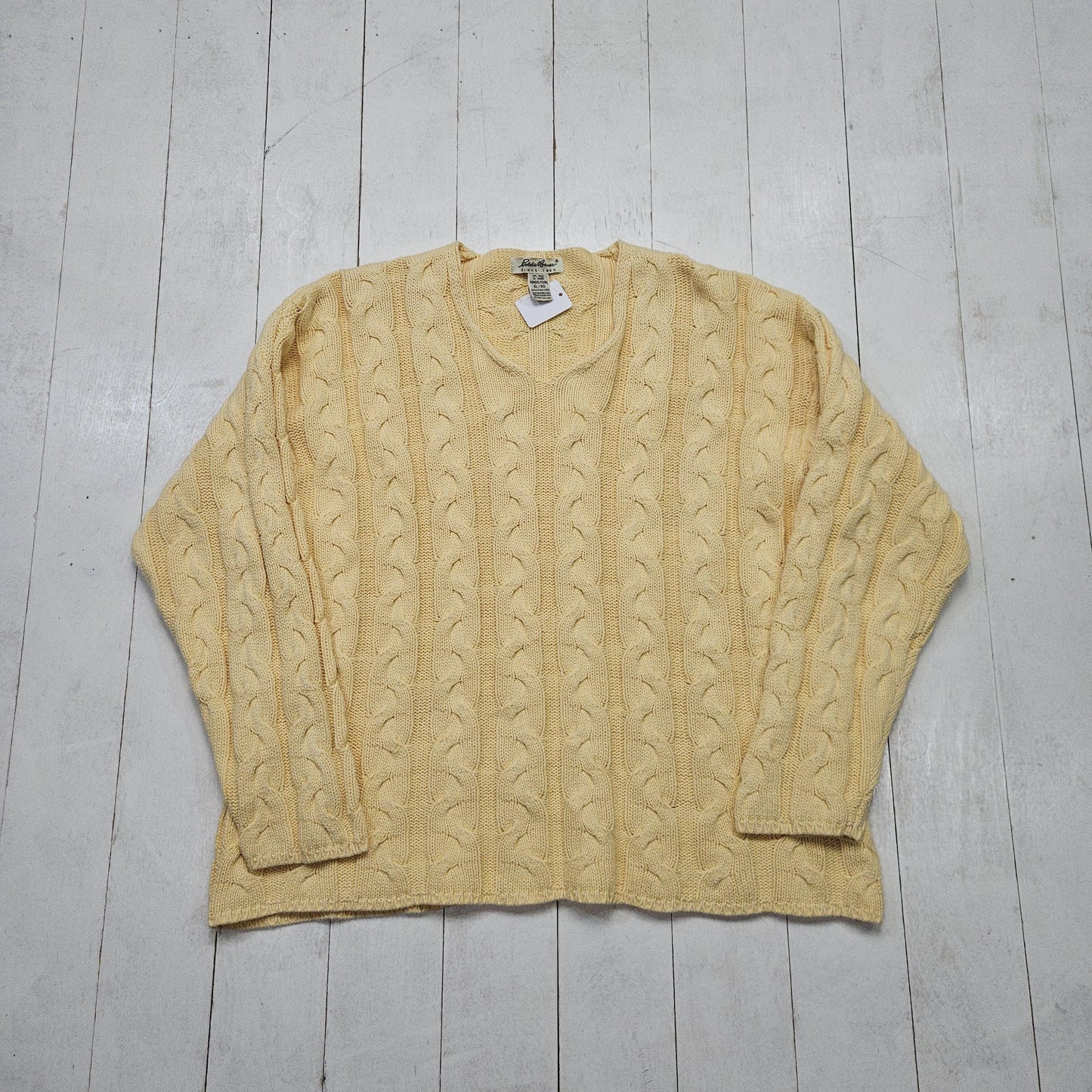 1990s Eddie Bauer Light Yellow Cable Knit V-Neck Cotton Knit Sweater Womens Size XL