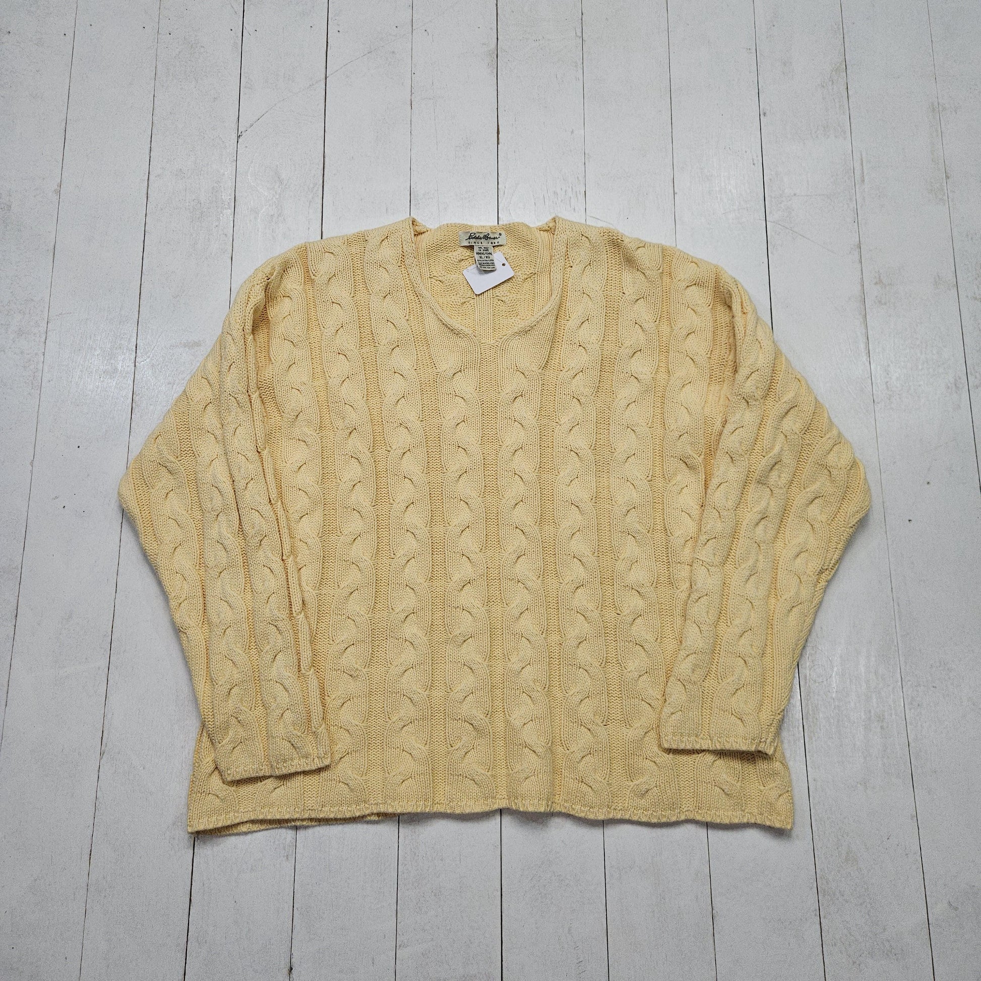 1990s Eddie Bauer Light Yellow Cable Knit V-Neck Cotton Knit Sweater Womens Size XL