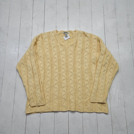 1990s Eddie Bauer Light Yellow Cable Knit V-Neck Cotton Knit Sweater Womens Size XL