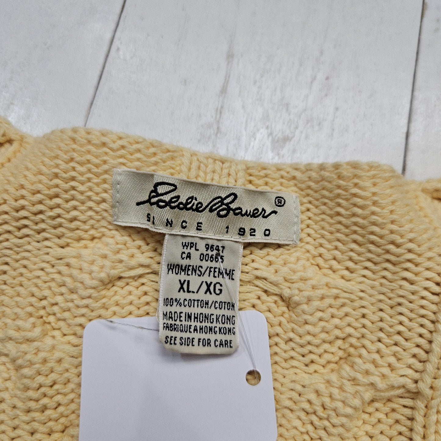 1990s Eddie Bauer Light Yellow Cable Knit V-Neck Cotton Knit Sweater Womens Size XL