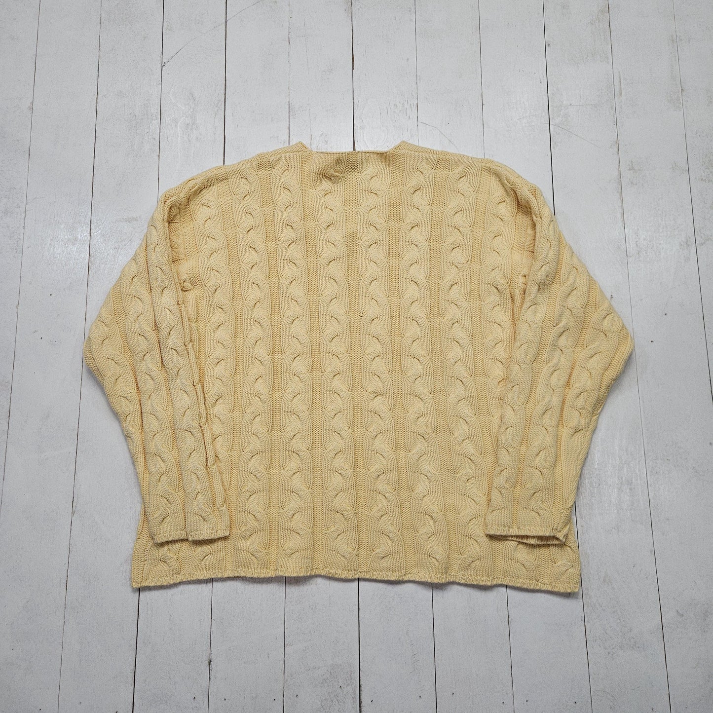 1990s Eddie Bauer Light Yellow Cable Knit V-Neck Cotton Knit Sweater Womens Size XL