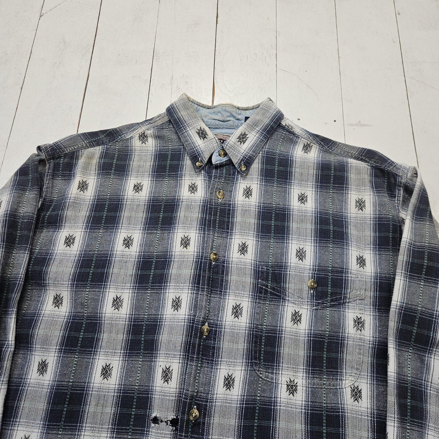 1990s/2000s Y2K County Seat Blue Grey Plaid Button Down Shirt Size L