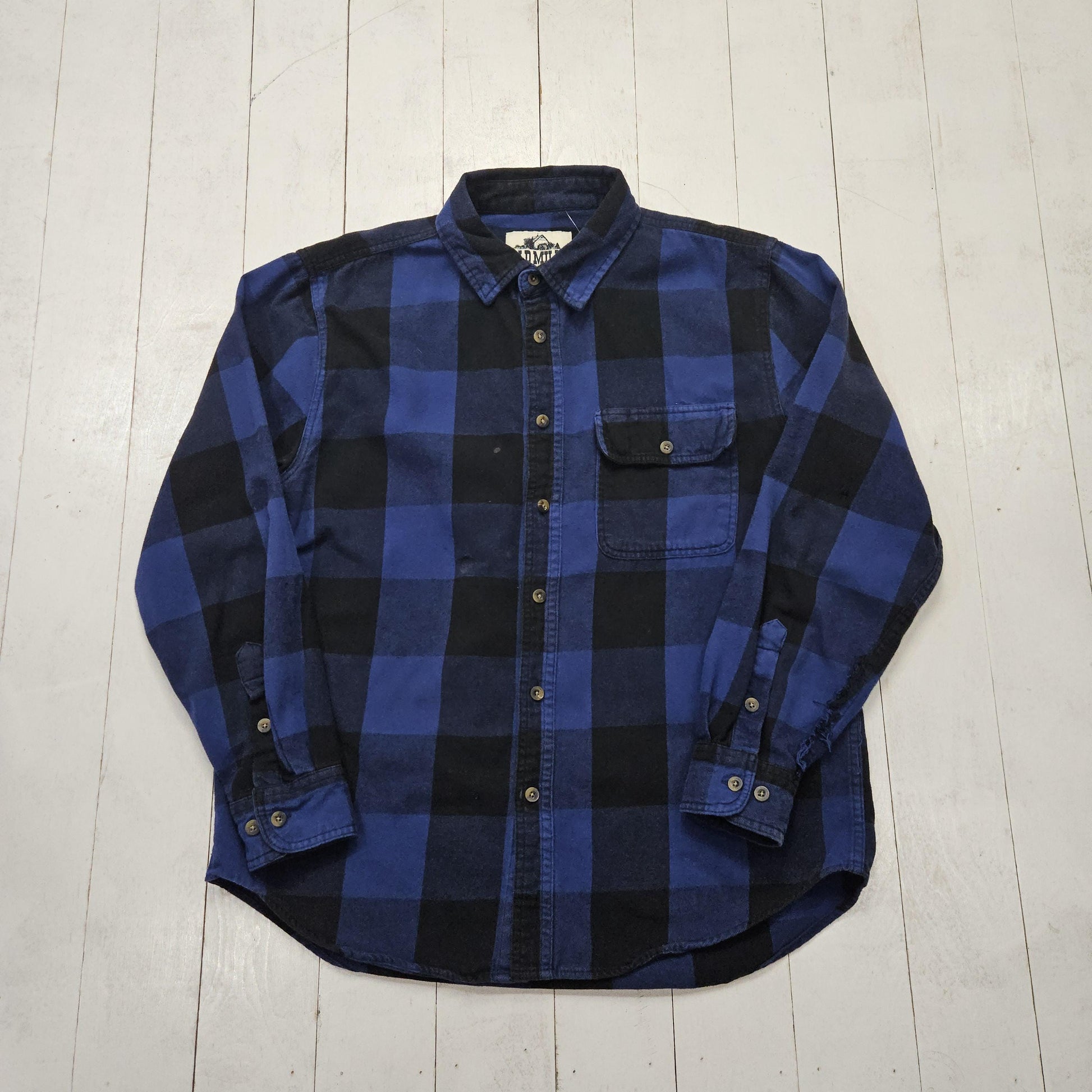 2000s Y2K Old Mill Blue Buffalo Plaid Flannel Button Up Shirt Size L