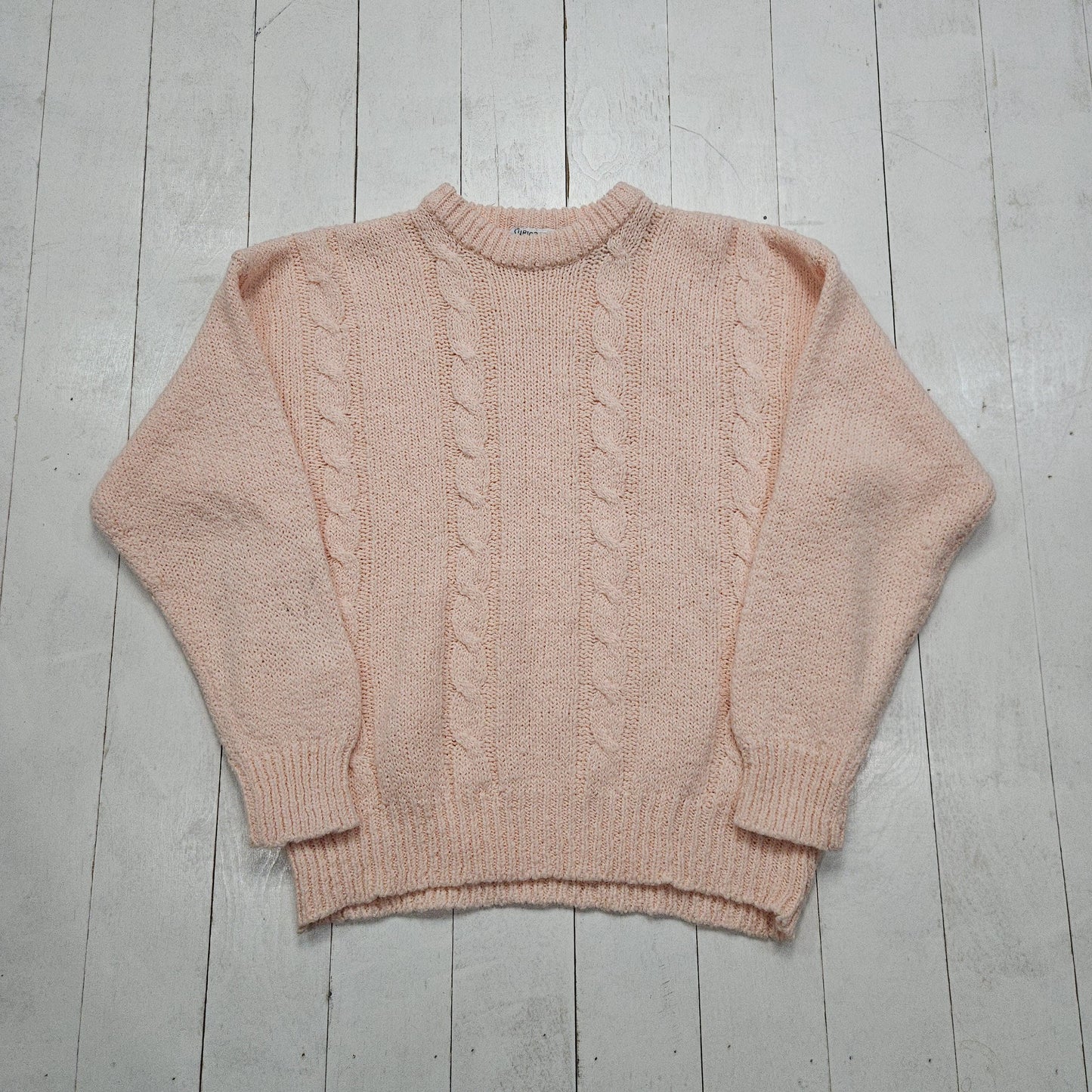 1990s/2000s Y2K Curiosity's Cat Pink Acrylic Cable Knit Sweater Size M