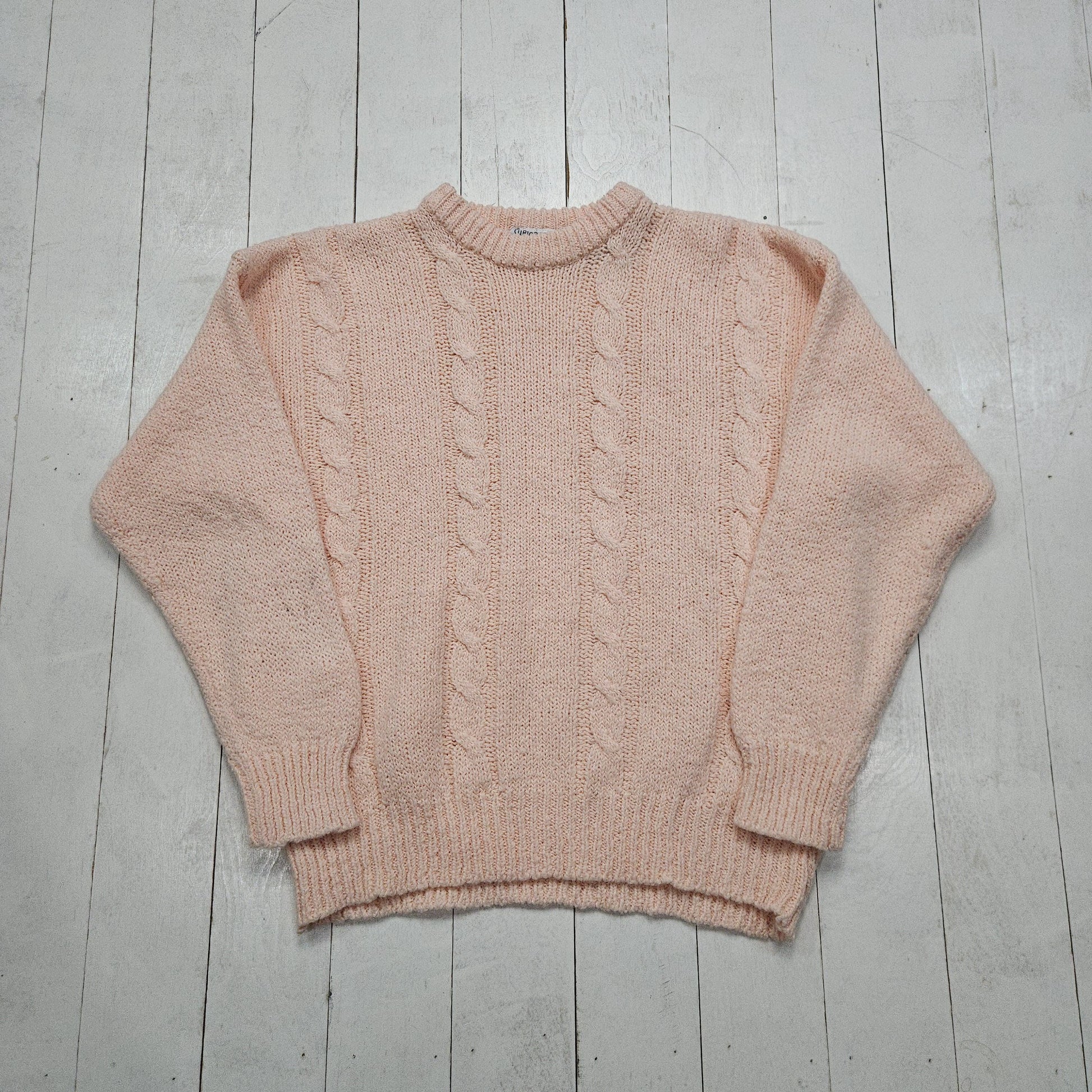 1990s/2000s Y2K Curiosity's Cat Pink Acrylic Cable Knit Sweater Size M