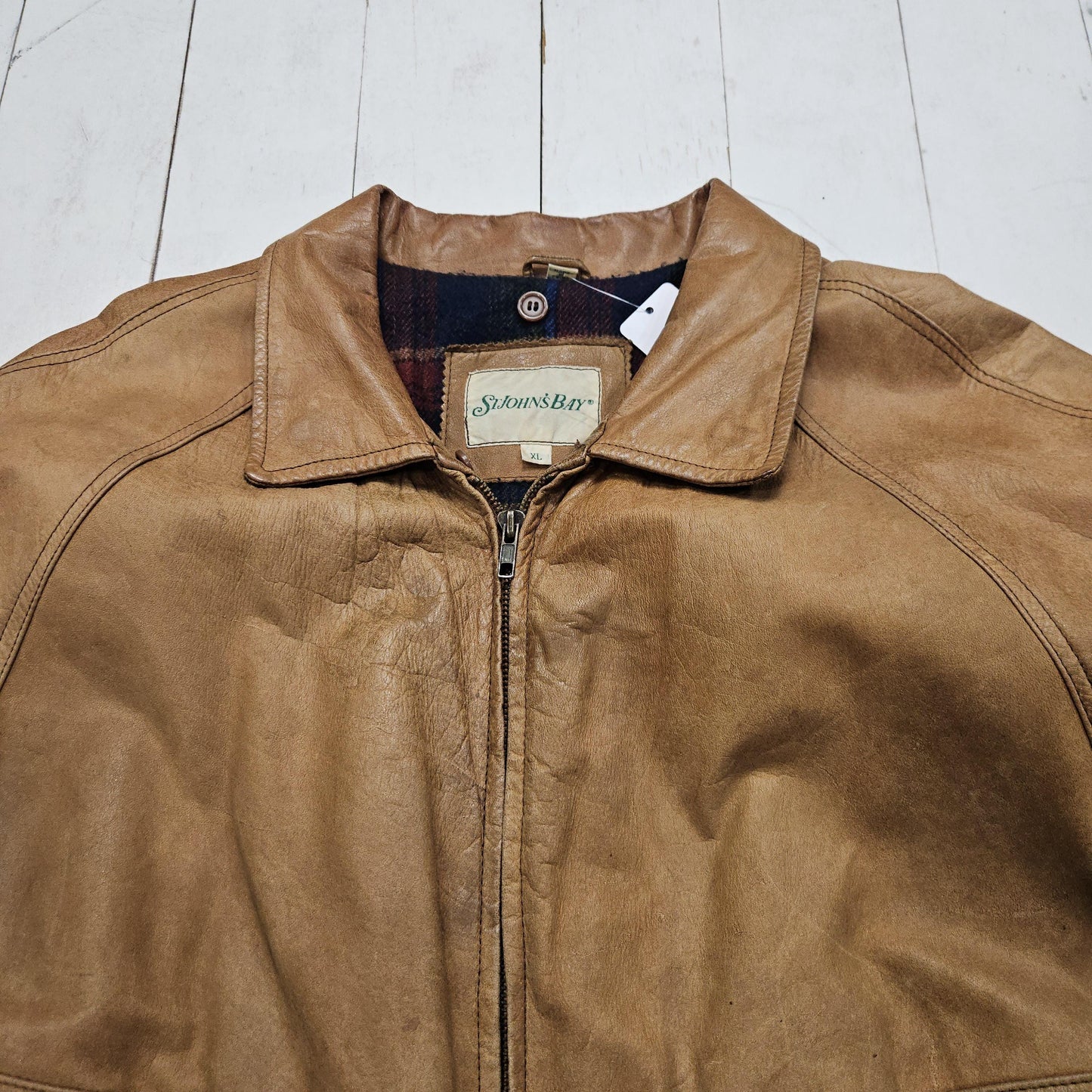 1990s St Johns Bay Brown Flannel Lined Leather Bomber Style Jacket Size L/XL