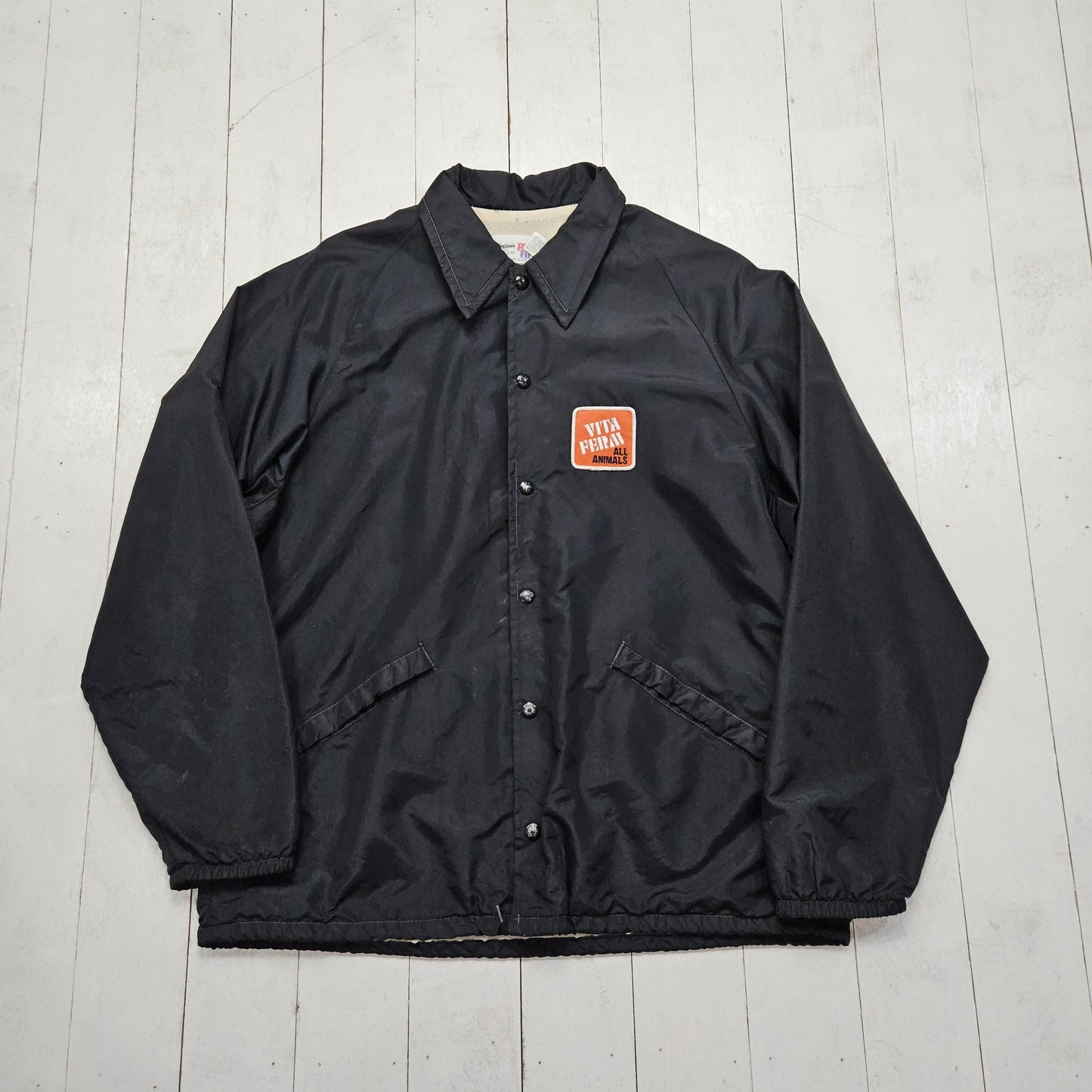 1970s/1980s King Louie Pro-Fit Black Coaches Jacket Vita Ferm Patch Made in USA Size L/XL