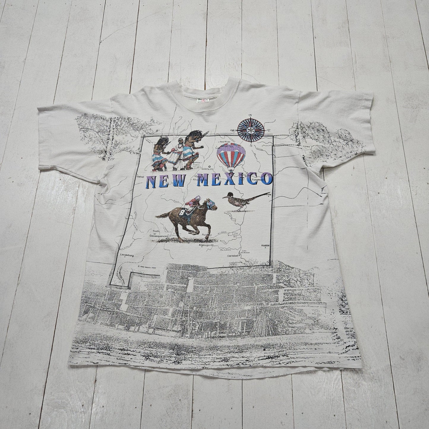 1990s 1992 Fruit of the Loom Sneaky Tees AOP New Mexico Map Souvenir T-Shirt Made in USA Size XL