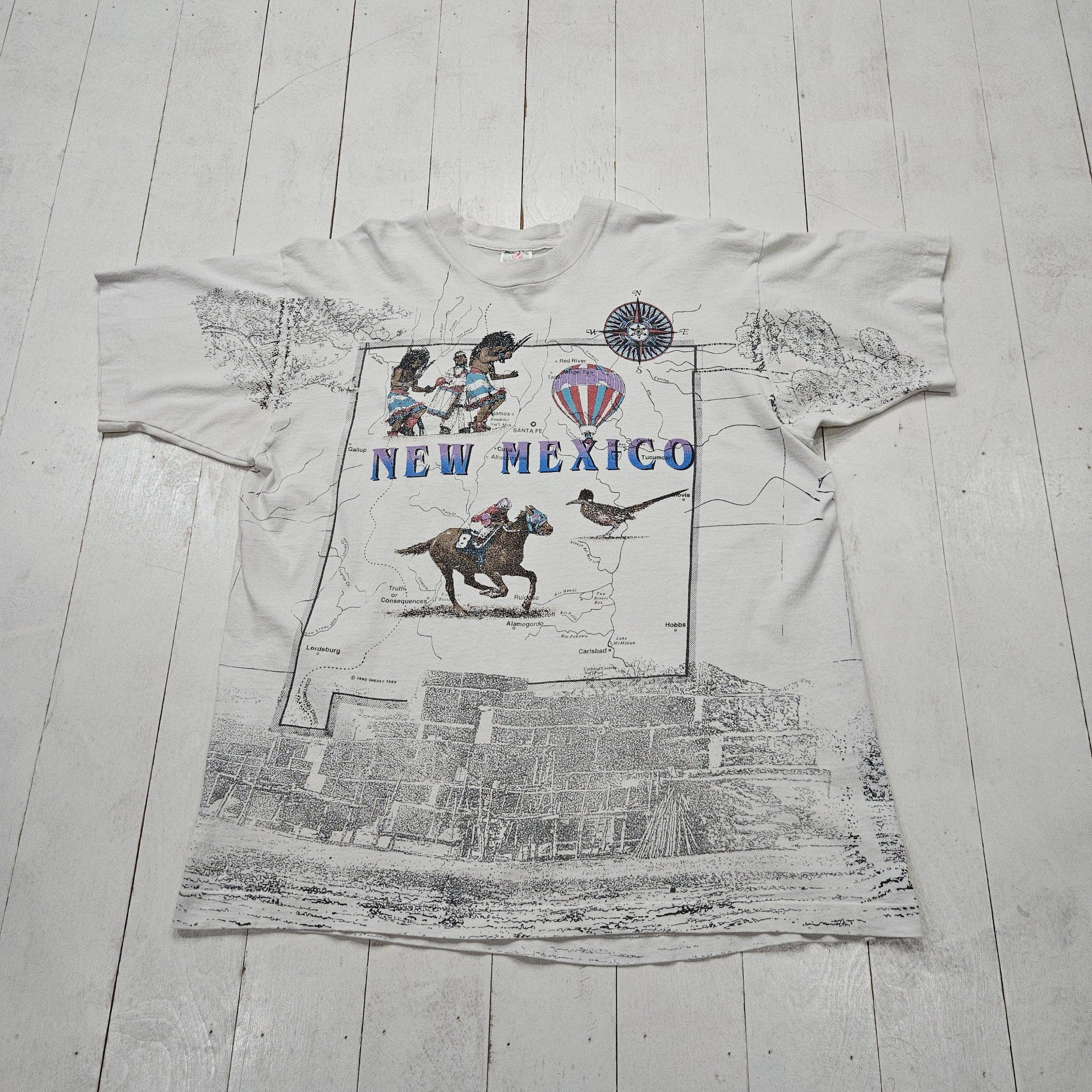 1990s 1992 Fruit of the Loom Sneaky Tees AOP New Mexico Map Souvenir T-Shirt Made in USA Size XL