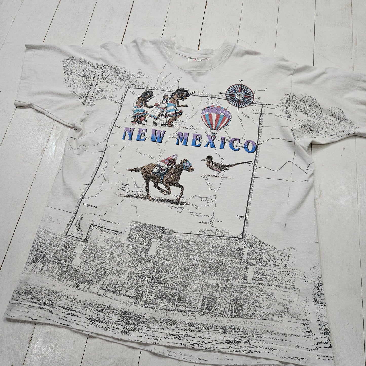 1990s 1992 Fruit of the Loom Sneaky Tees AOP New Mexico Map Souvenir T-Shirt Made in USA Size XL