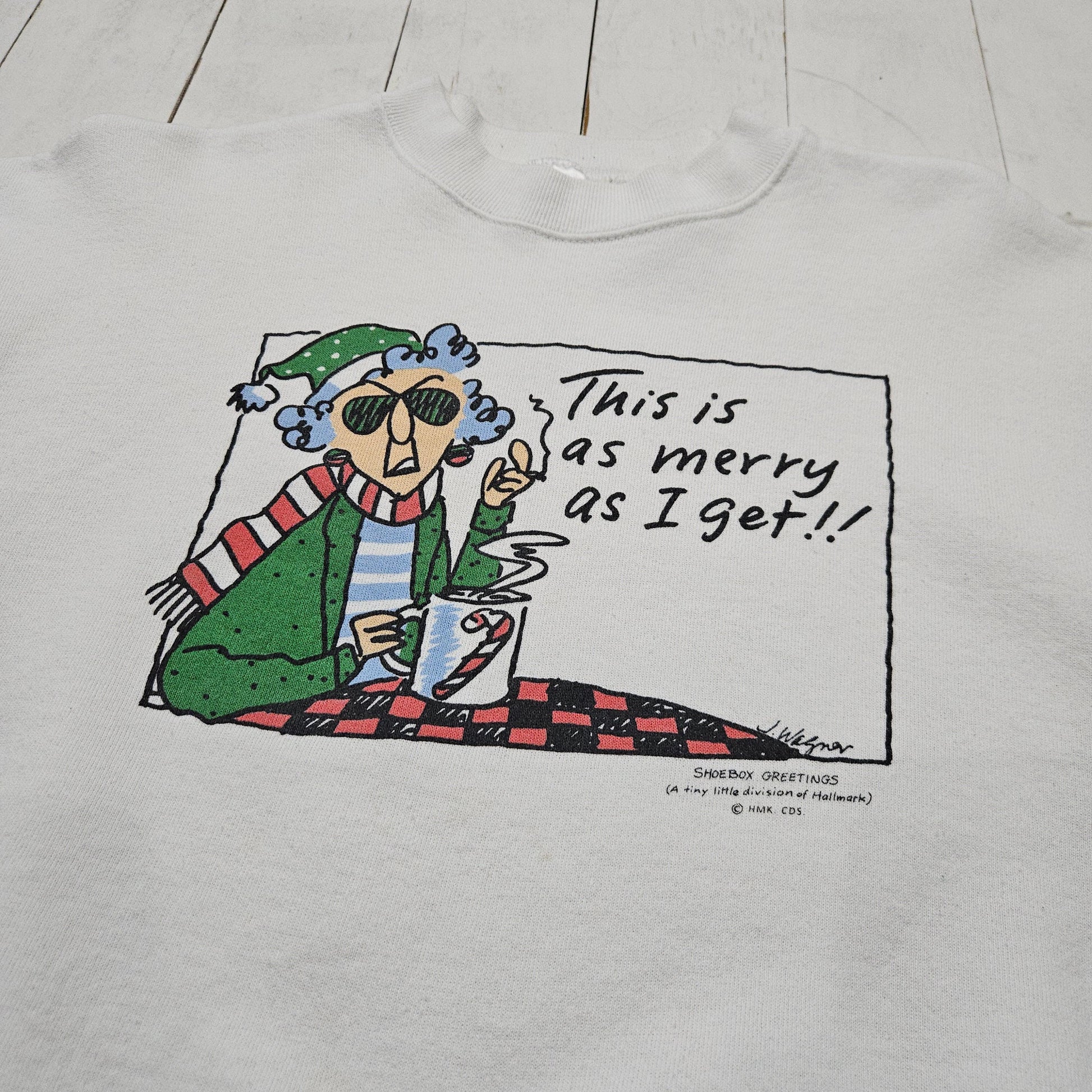 1990s Fruit of the Loom Hallmark Seasons Greetings White Merry as I Get Christmas Funny Comic Sweatshirt Made in USA Size L