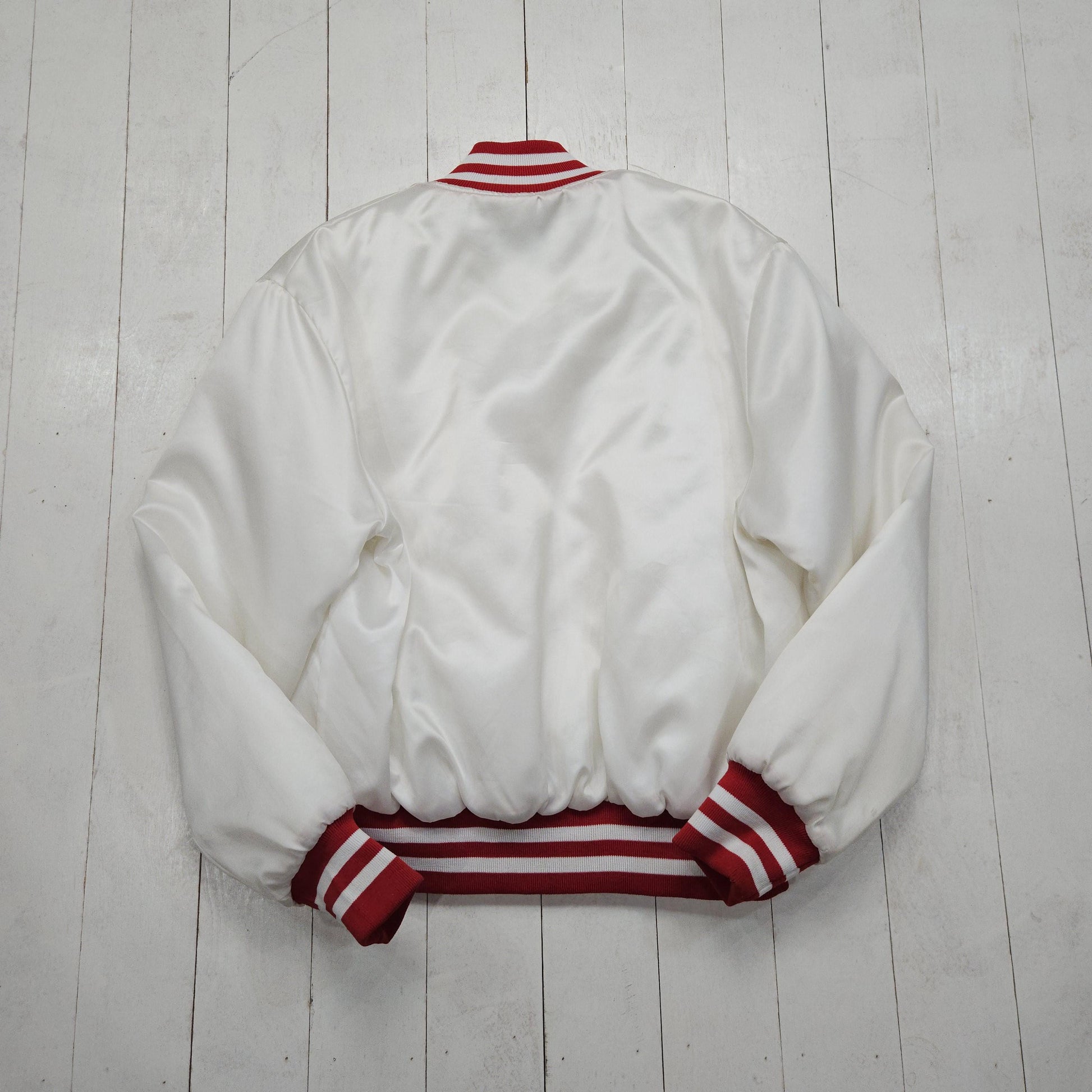 1980s/1990s Holloway White/Red Satin Bomber Jacket Made in USA Size L/XL