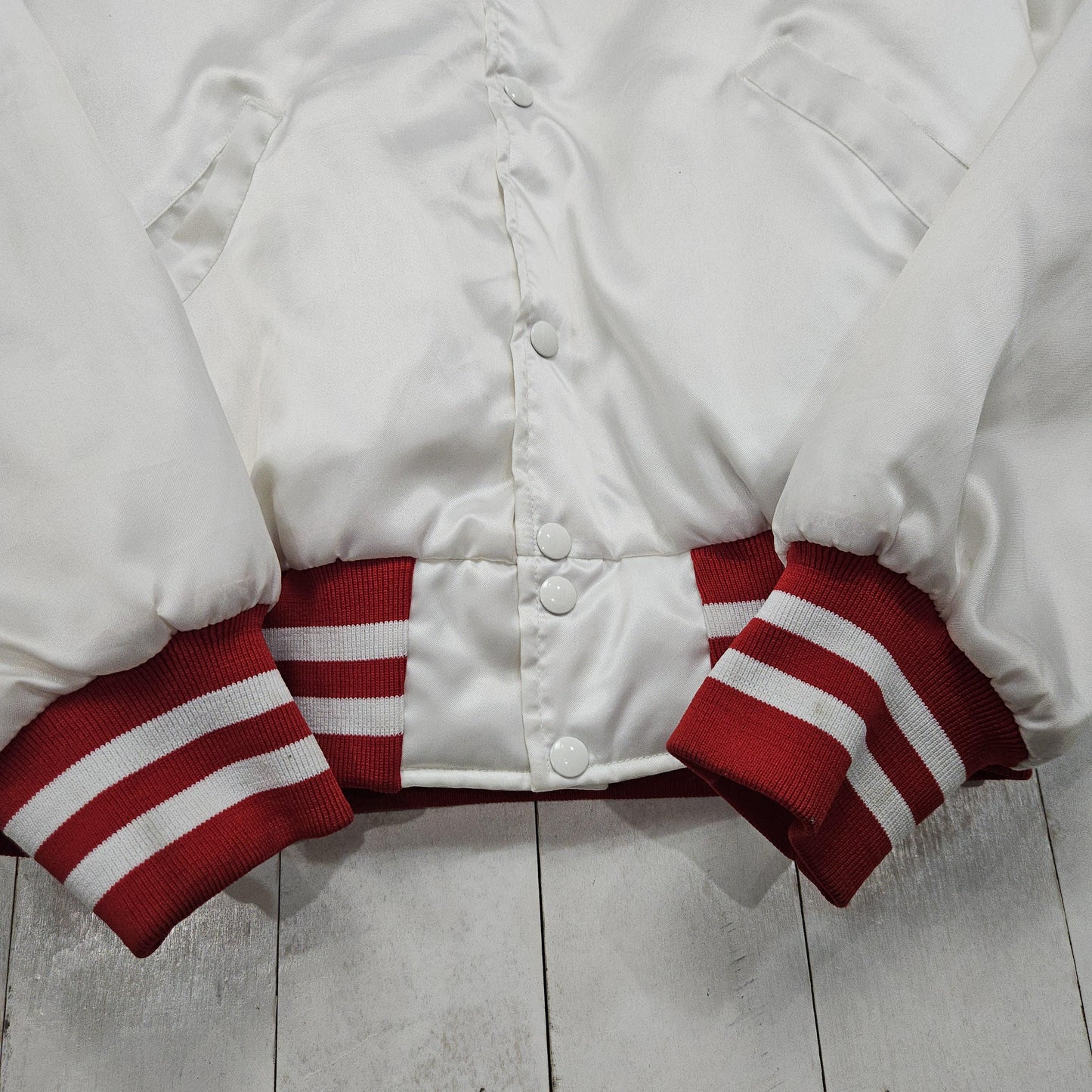 1980s/1990s Holloway White/Red Satin Bomber Jacket Made in USA Size L/XL