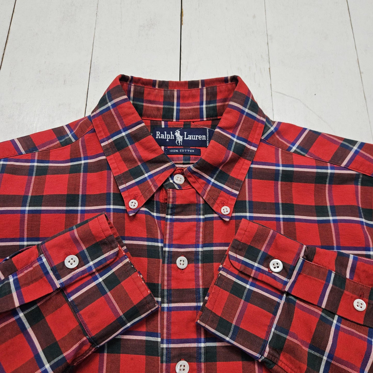 1990s Polo Ralph Lauren Red Plaid Button Down Shirt Size L./XL