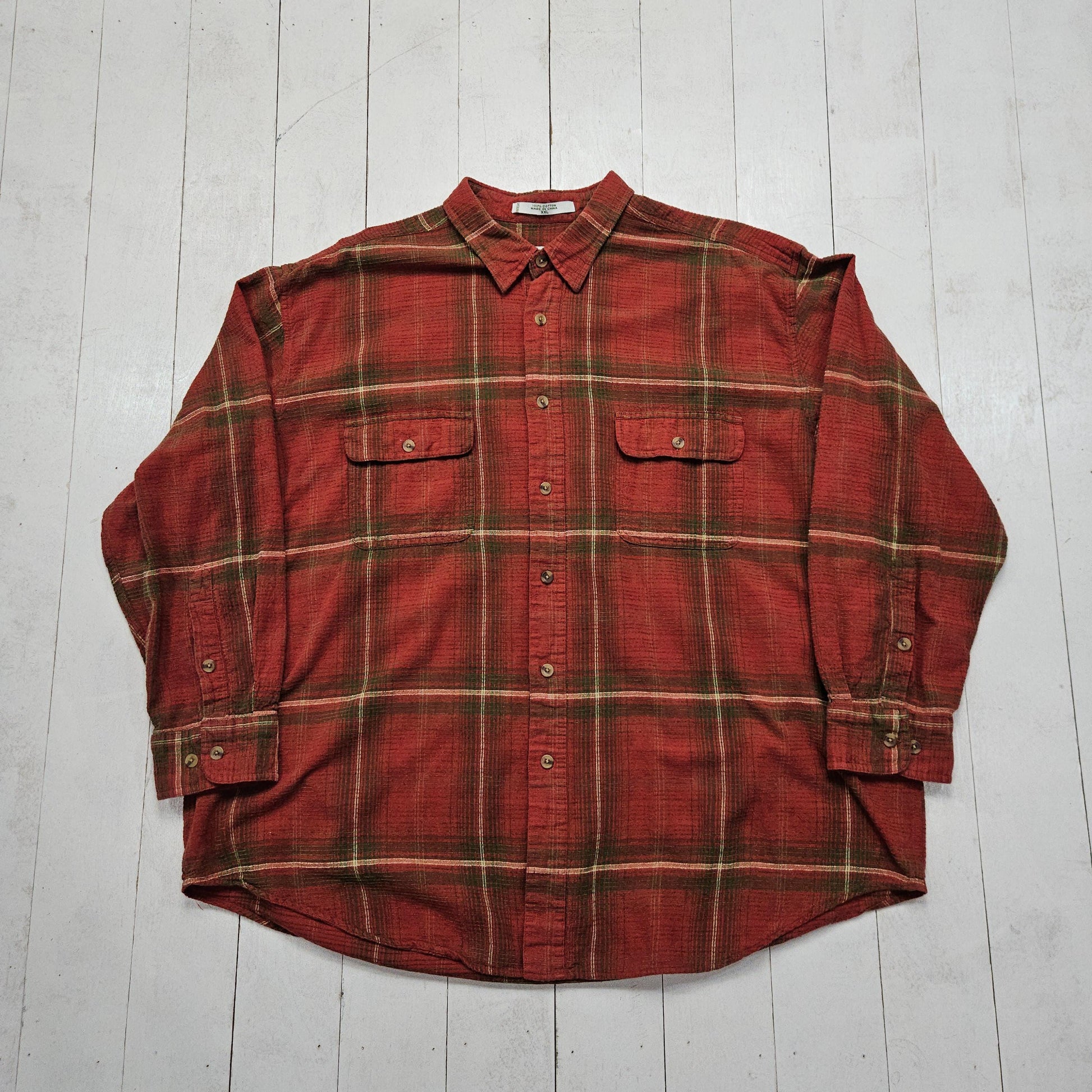 1990s/2000s Y2K Orvis Textured Red/Green Plaid Button Up Shirt Size XXL/3XL