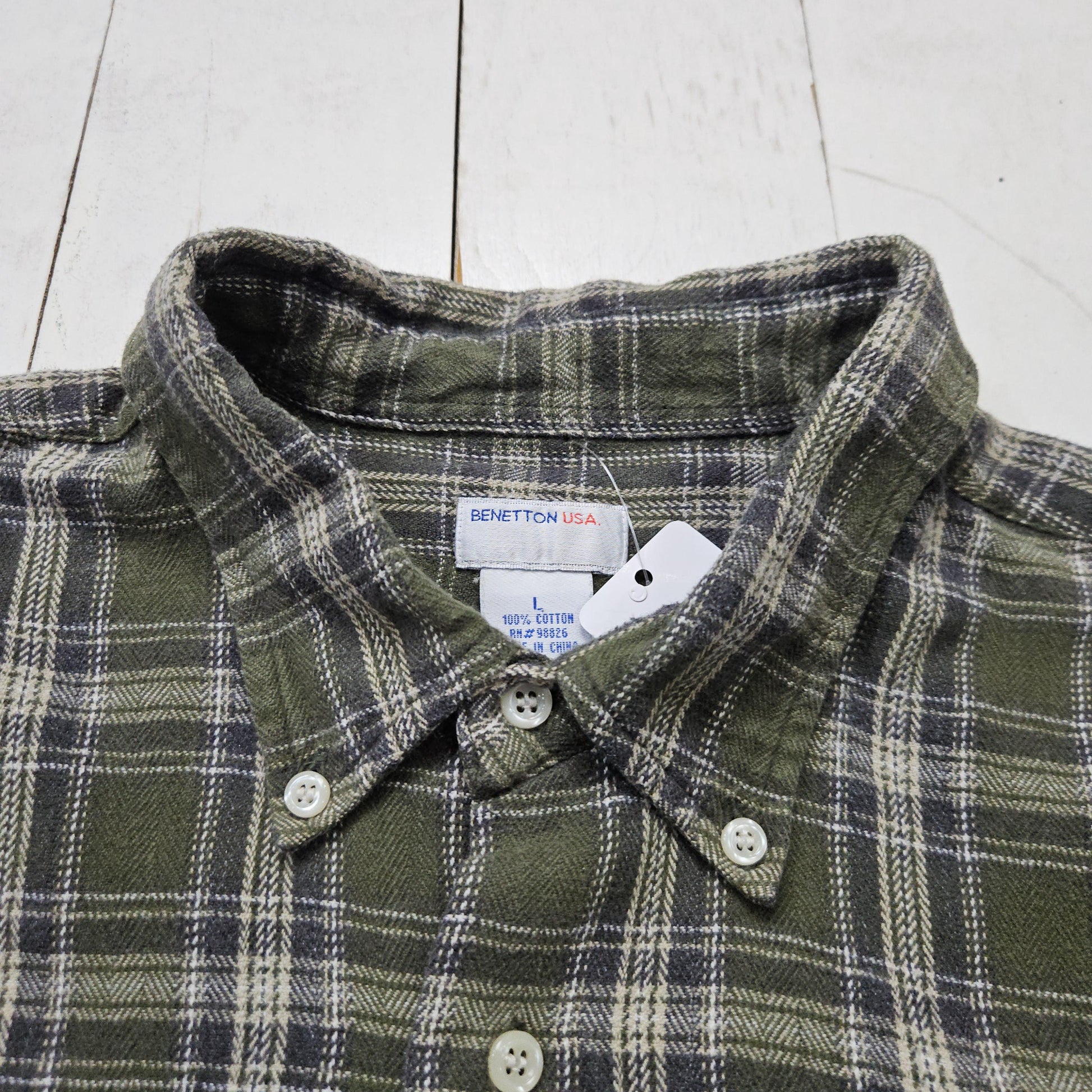 1990s/2000s Y2K Benetton USA Green Plaid Button Down Flannel Shirt Size L