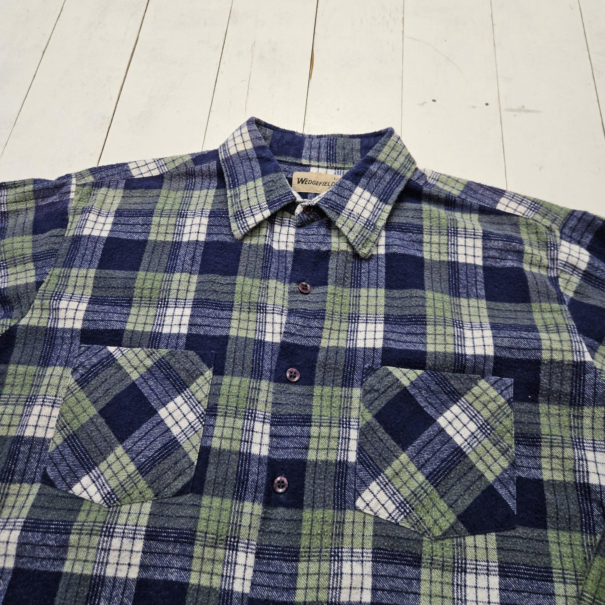 1980s Wedgefield Printed Cotton Plaid Flannel Shirt Size L