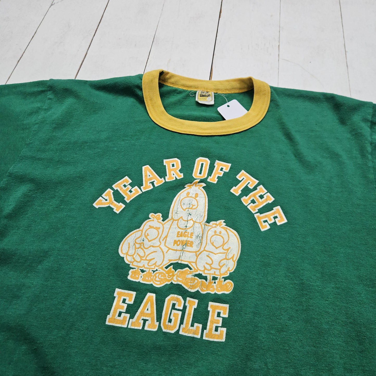 1980s Velva Sheen Green Year of the Eagle Ringer Collar T-Shirt Made in USA Size M