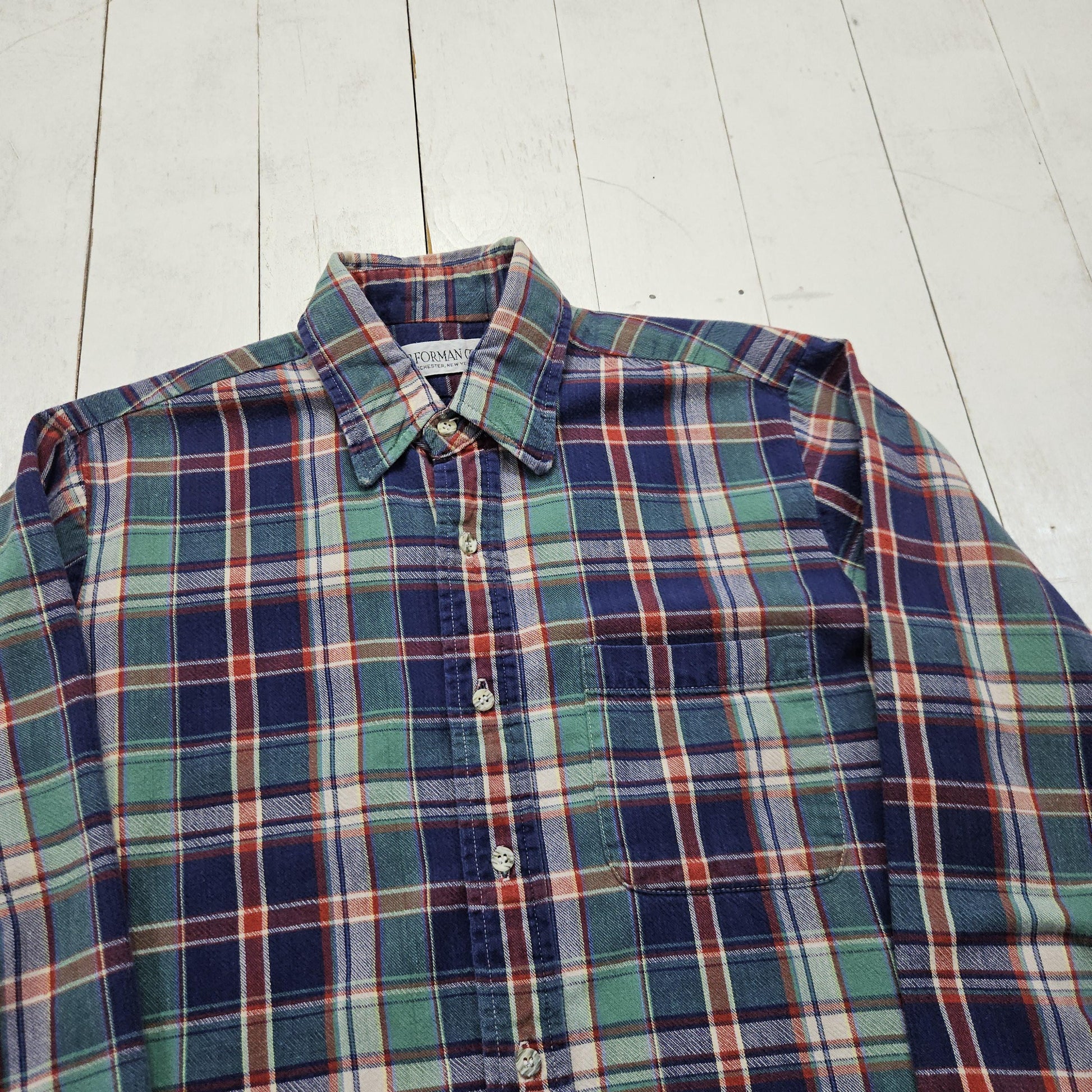 1990s/2000s Y2K B Forman Co Blue Green Plaid Lightweight Flannel Button Up Shirt Size M