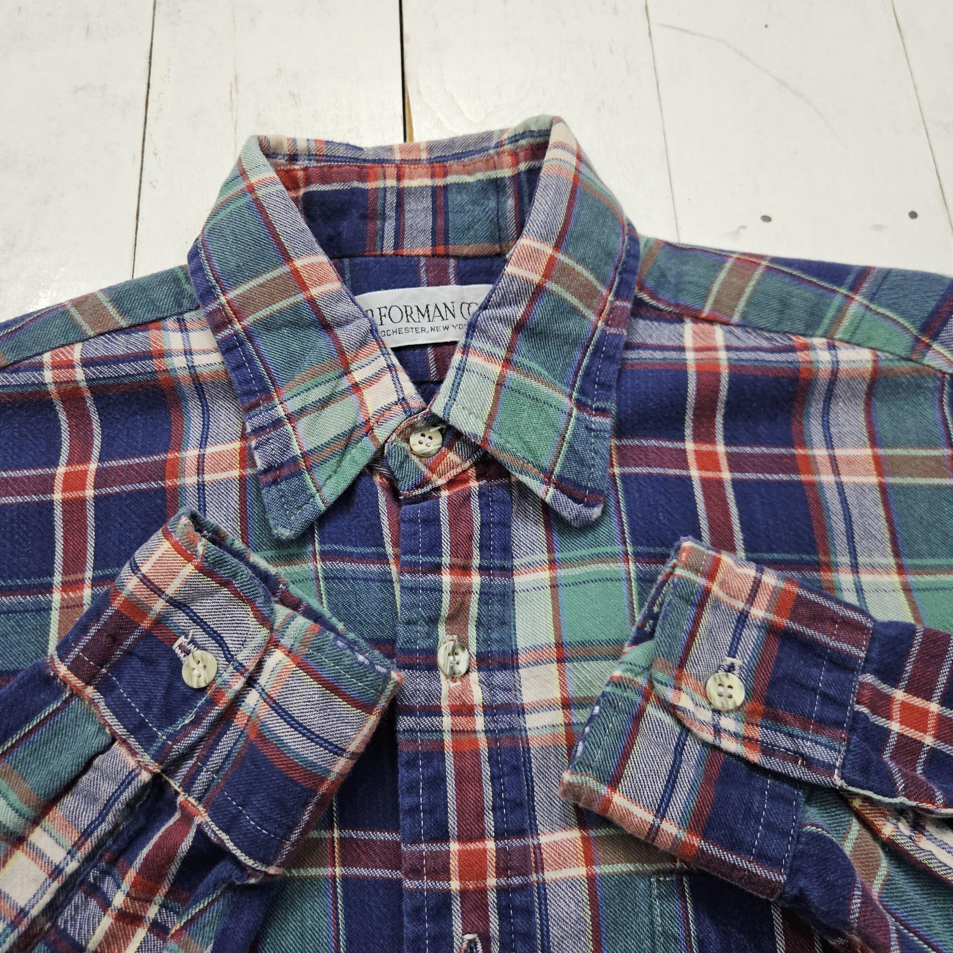 1990s/2000s Y2K B Forman Co Blue Green Plaid Lightweight Flannel Button Up Shirt Size M