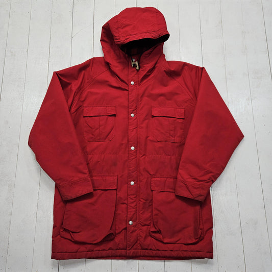 1990s LL Bean Red Wool Buffalo Plaid Lined Baxter State Parka Mountain Jacket Made in USA Size XL