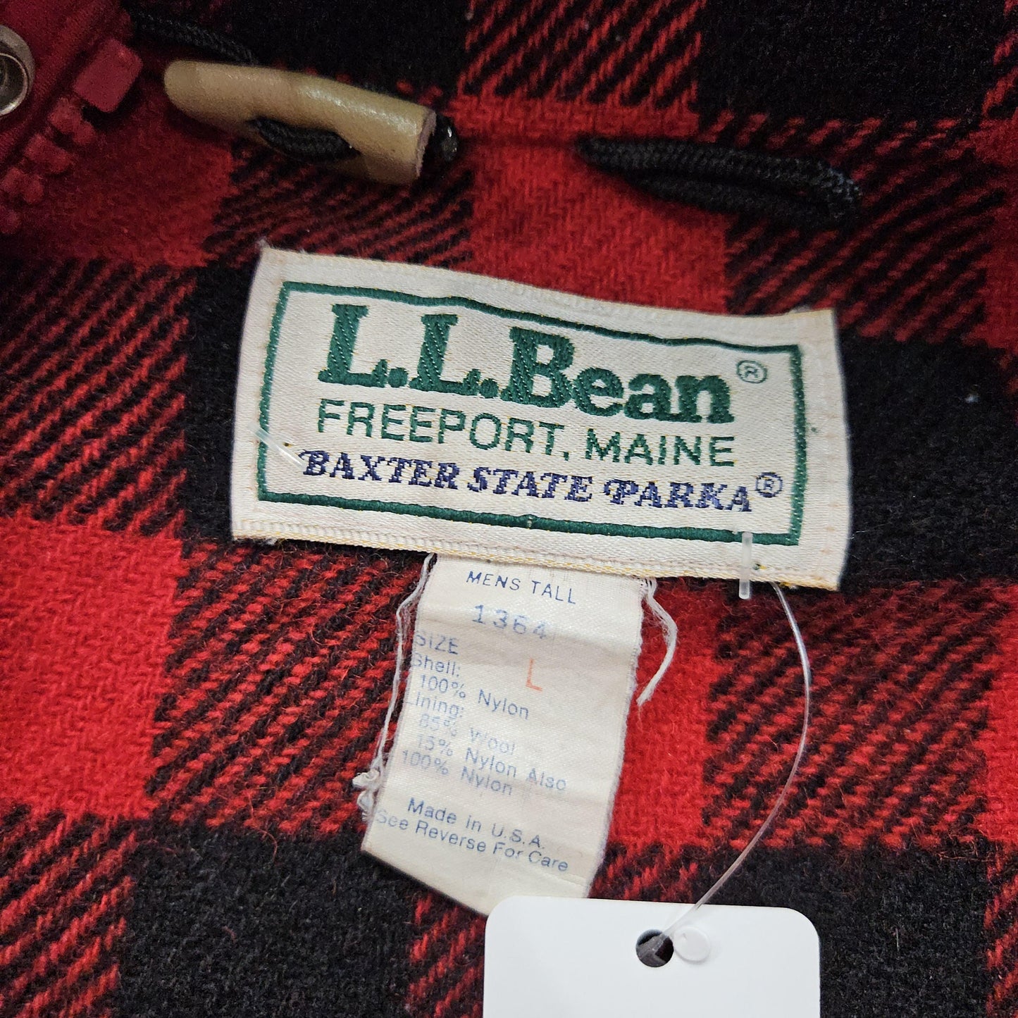 1990s LL Bean Red Wool Buffalo Plaid Lined Baxter State Parka Mountain Jacket Made in USA Size XL