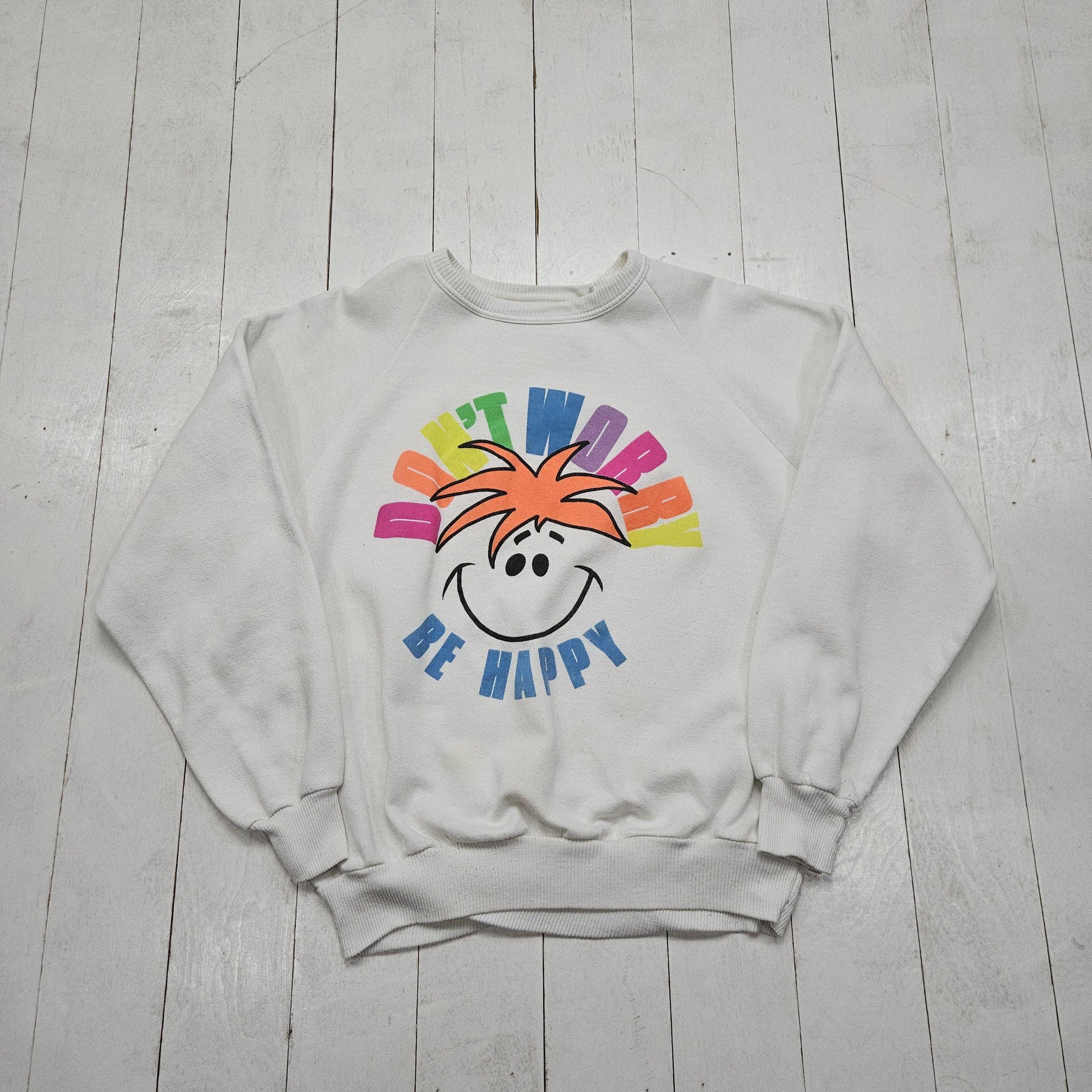 1980s/1990s White Don't Worry Be Happy Smiley Face Raglan Sweatshirt Size S