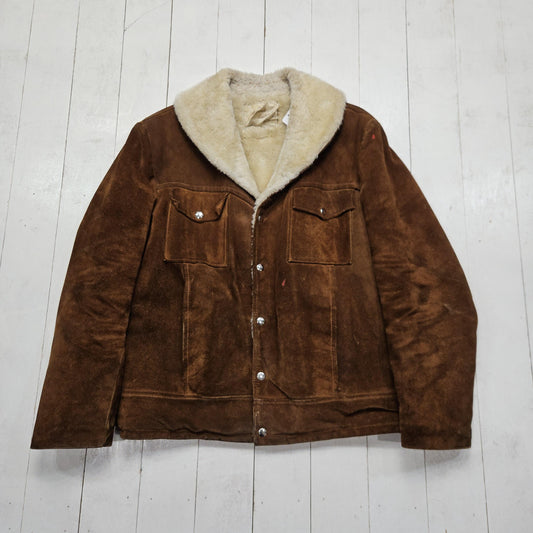 1970s/1980s Montreal Leather Garment Brown Sherpa Lined Shawl Collar Suede Trucker Style Jacket Made in Canada Size L