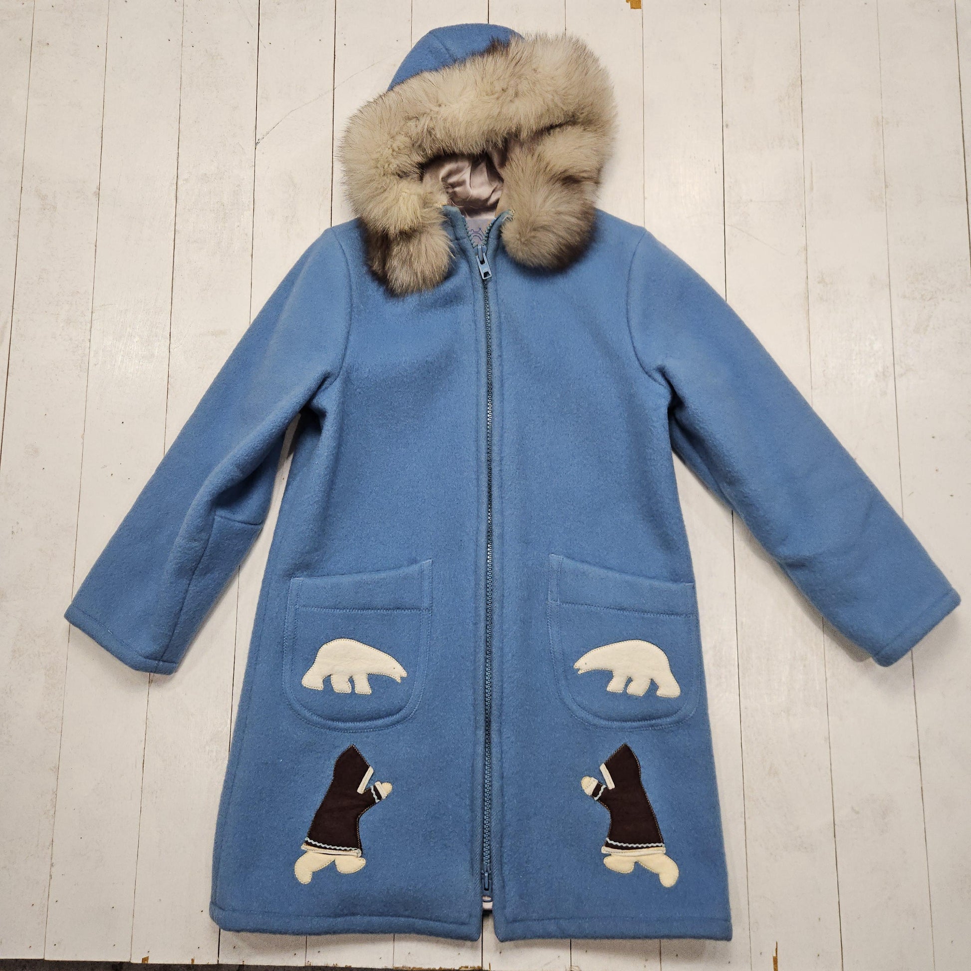 1970s/1980s Inuvik Parka Enterprise Blue Inuit Polar Bear Igloo Embroidered Fur Trim Hooded Wool Parka Jacket Made in Canada Women's Size