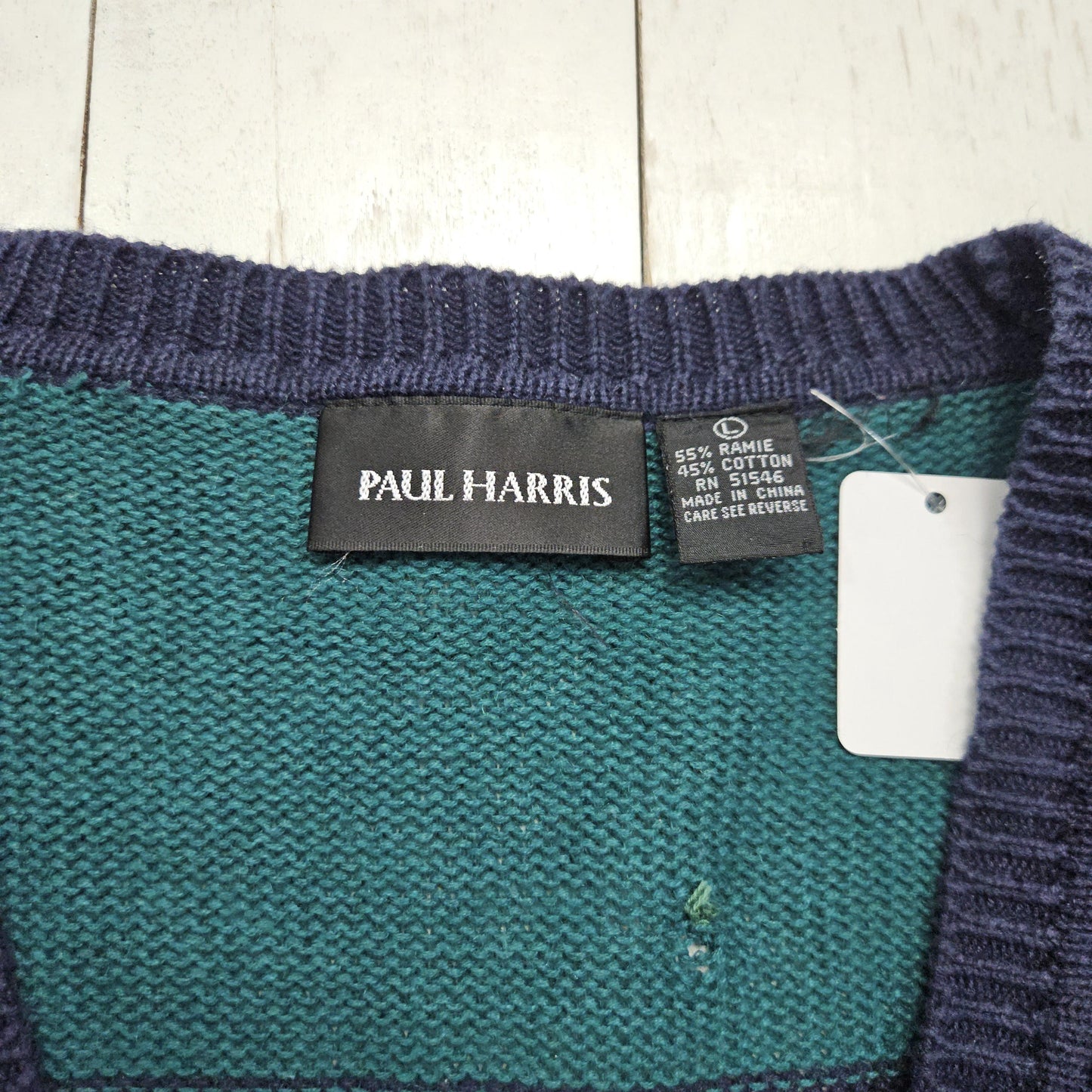 1990s/2000s Y2K Paul Harris Blue Green Striped Ramie Cotton Blend Knit Button Up Cardigan Size L