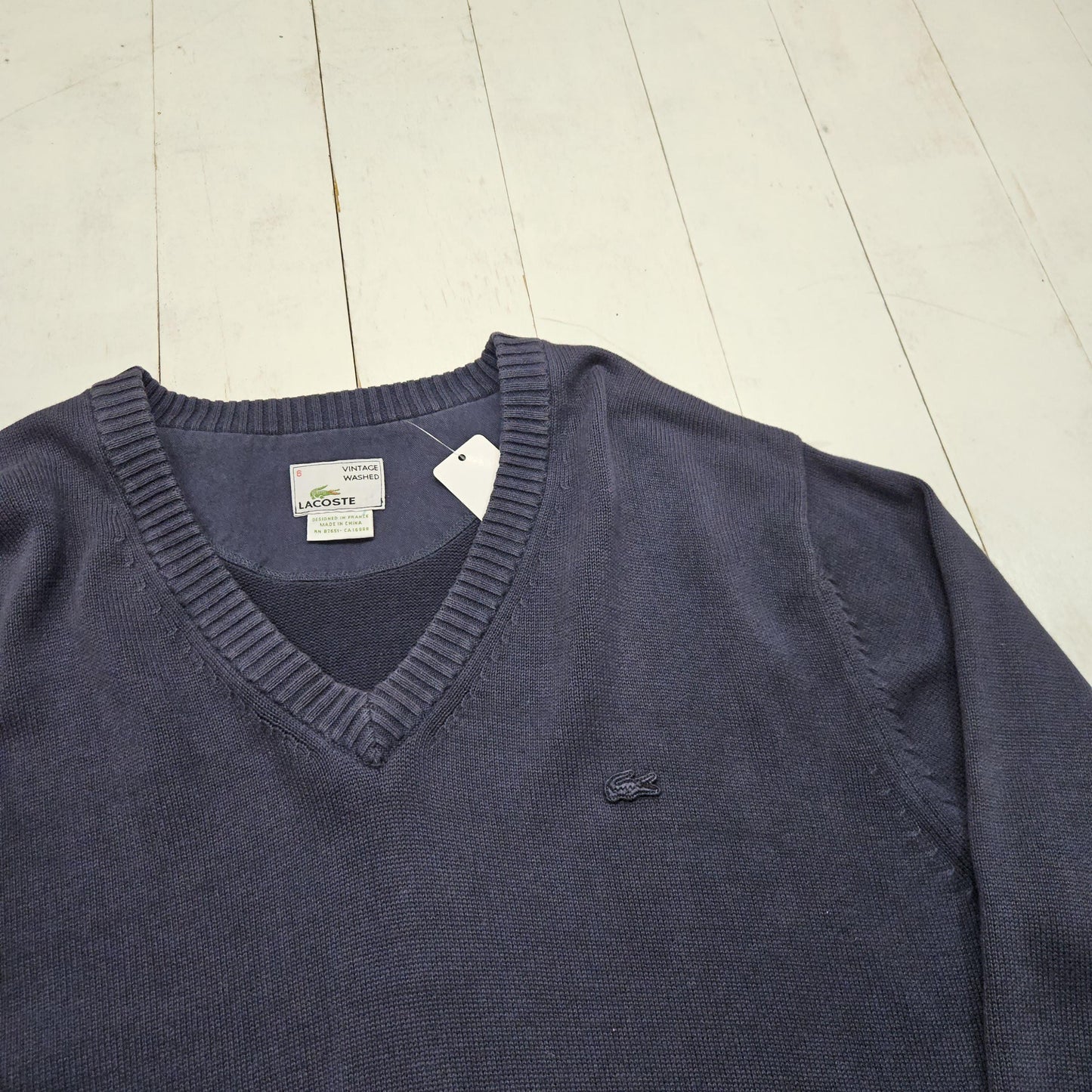 2000s Y2K Lacoste Vintage Washed Blue V-Neck Cotton Knit Sweater Size L