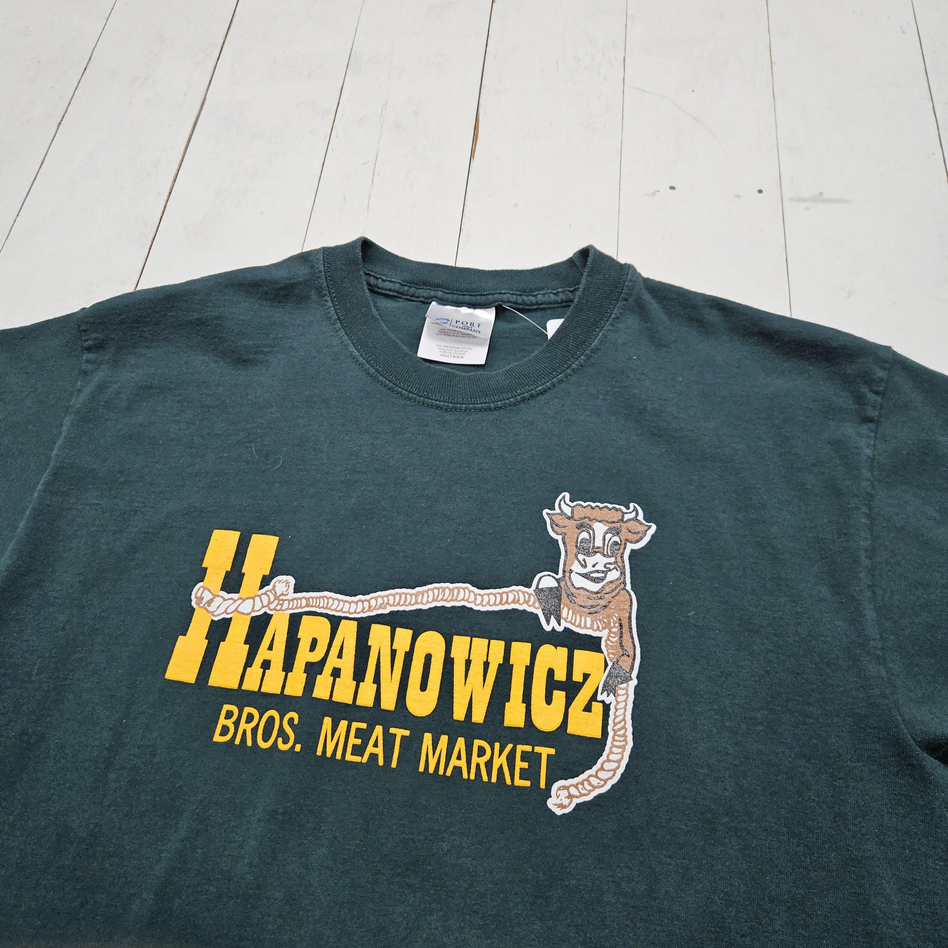 2000s Y2K Green Hapanowicz Bros. Meat Market Promotional T-Shirt Size M