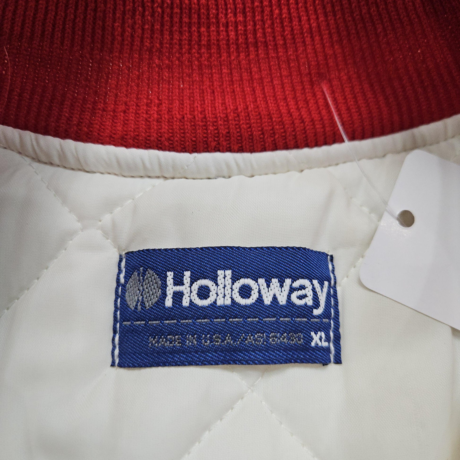 1980s/1990s Holloway White/Red Satin Bomber Jacket Made in USA Size L/XL