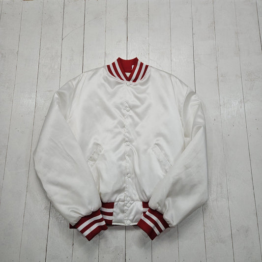 1980s/1990s Holloway White/Red Satin Bomber Jacket Made in USA Size L/XL