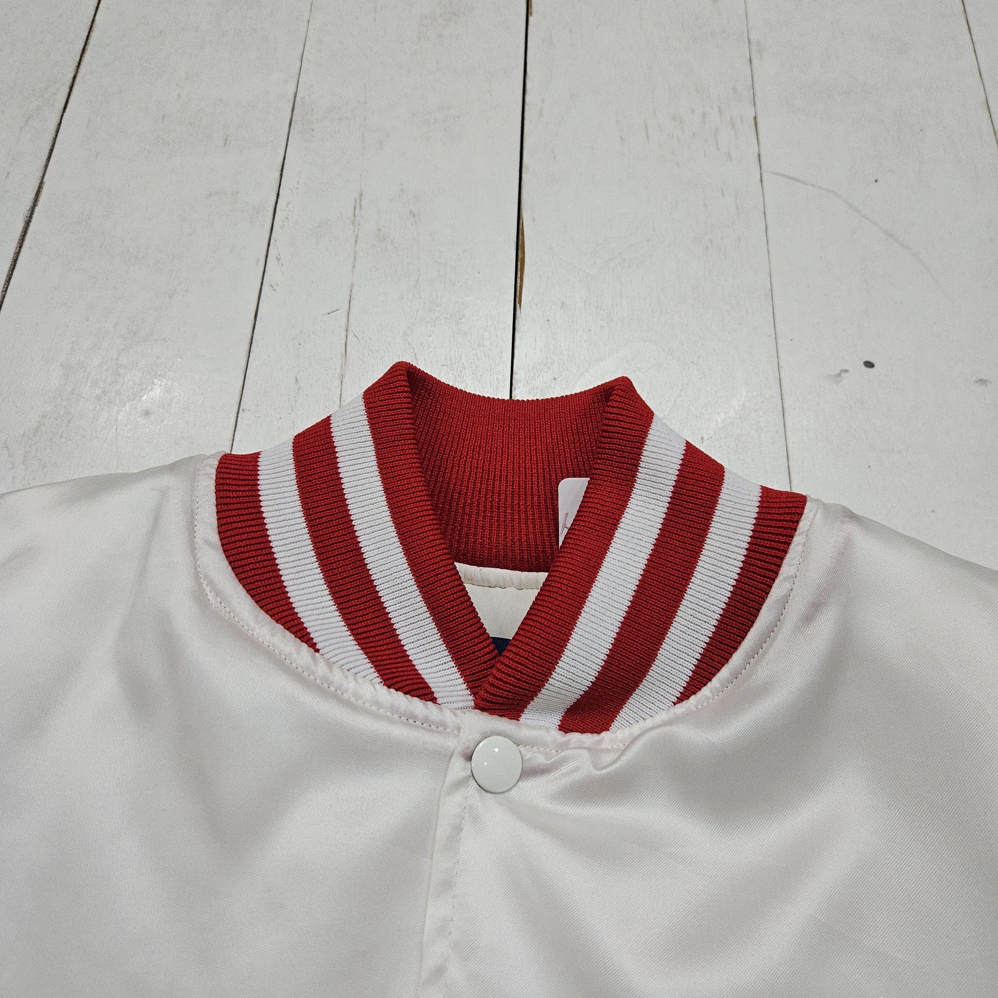 1980s/1990s Holloway White/Red Satin Bomber Jacket Made in USA Size L/XL