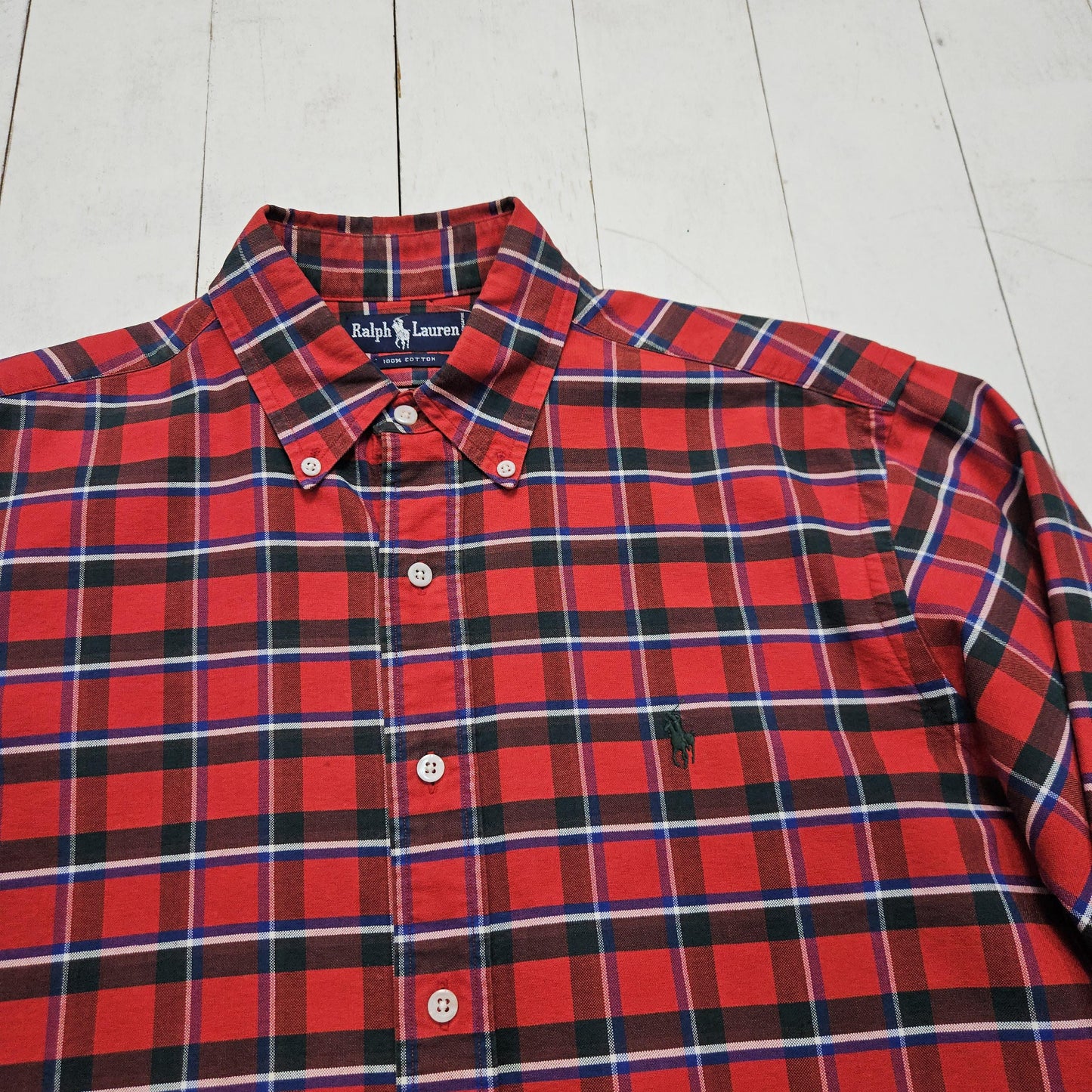 1990s Polo Ralph Lauren Red Plaid Button Down Shirt Size L./XL