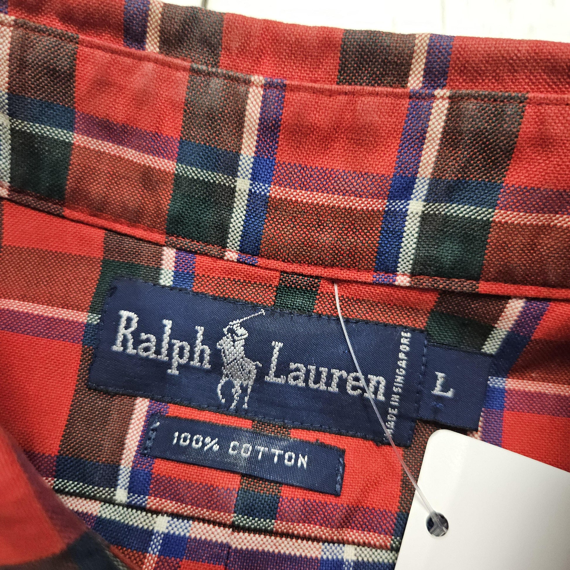 1990s Polo Ralph Lauren Red Plaid Button Down Shirt Size L./XL