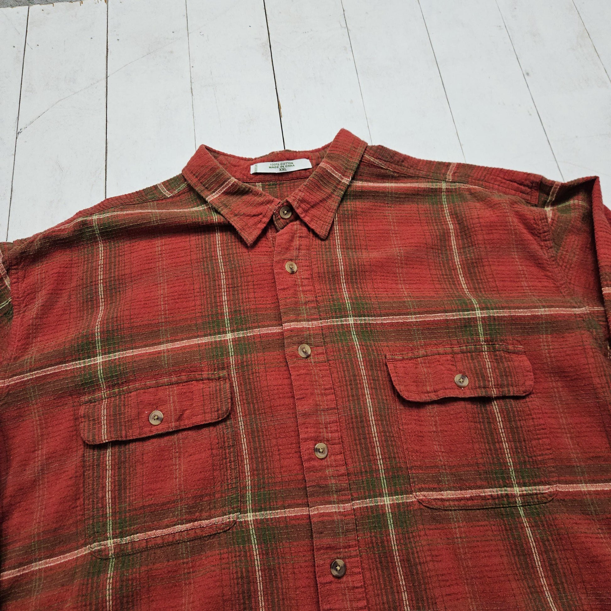 1990s/2000s Y2K Orvis Textured Red/Green Plaid Button Up Shirt Size XXL/3XL