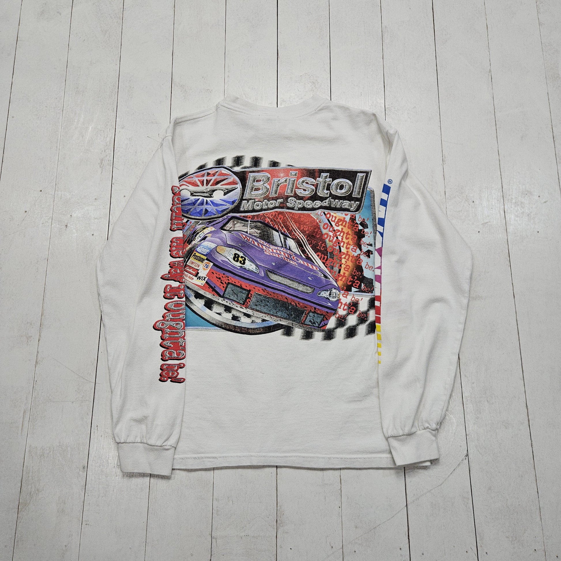 1990s/2000s Y2K Anvil White Bristol Motor Speedway NASCAR Racing Long Sleeve T-Shirt Size S/M