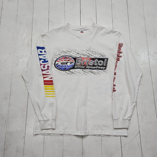 1990s/2000s Y2K Anvil White Bristol Motor Speedway NASCAR Racing Long Sleeve T-Shirt Size S/M